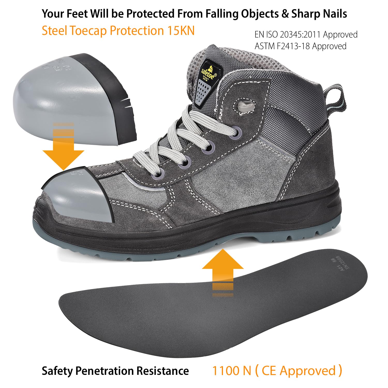 SAFEYEAR Safetoe - Botas de trabajo de seguridad para mujer, con parte superior de piel de vaca resistente al agua, puntera de acero y entresuela de acero antiuñas, cómoda plantilla de gel resistente,
