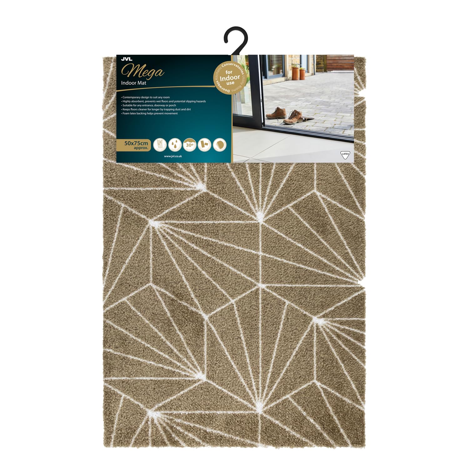 JVL Mega Mat Machine Washable Entrance Doormat, 50x75cm, Brown Geo