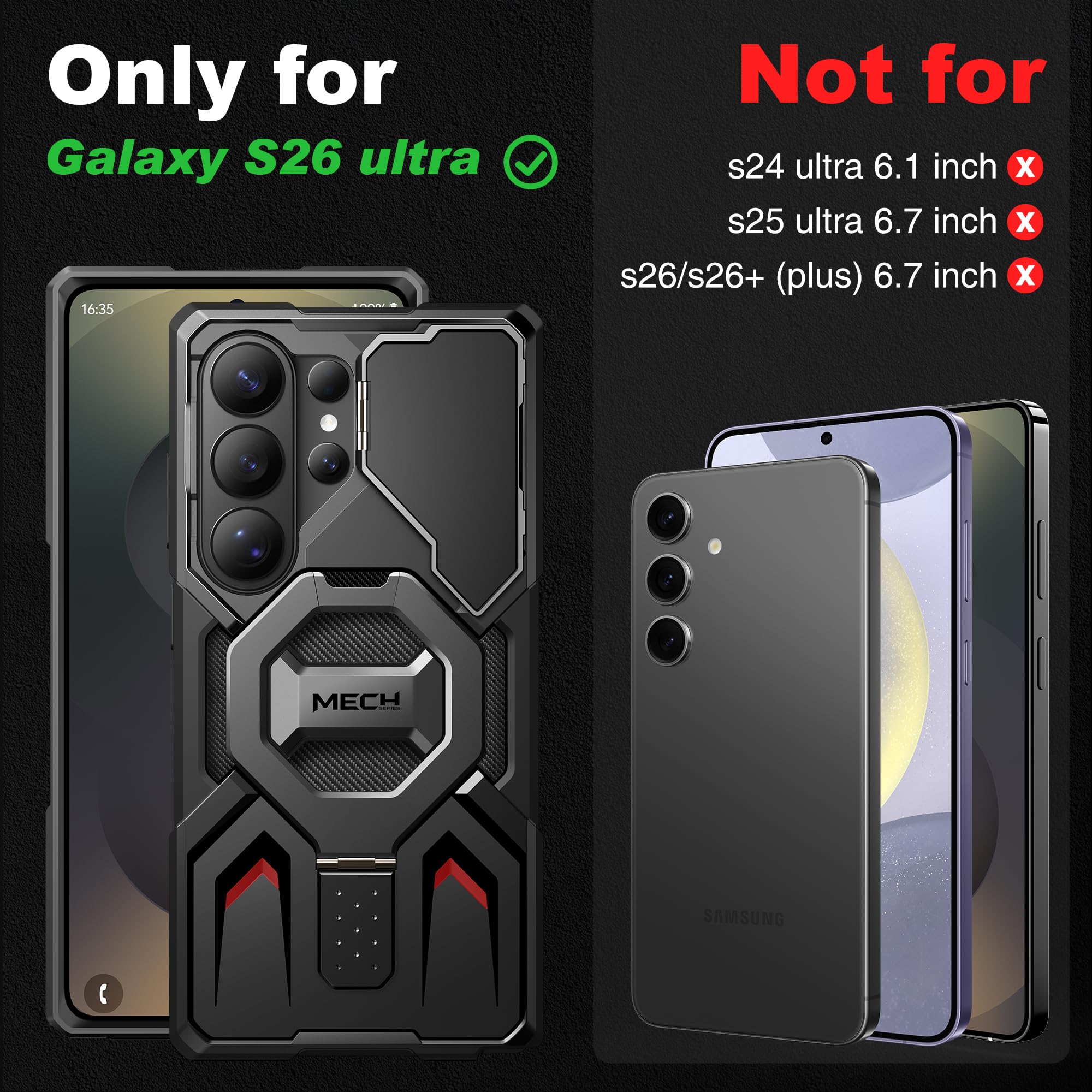 TONGATE for Samsung Galaxy S26 Ultra Case with Magnetic Stand, Compatible with MagSafe [Built-in Camera Cover & Ring Holder][Military-Grade Protection] Anti-Slip Rugged Phone Case for S26 Ultra, Black - 3