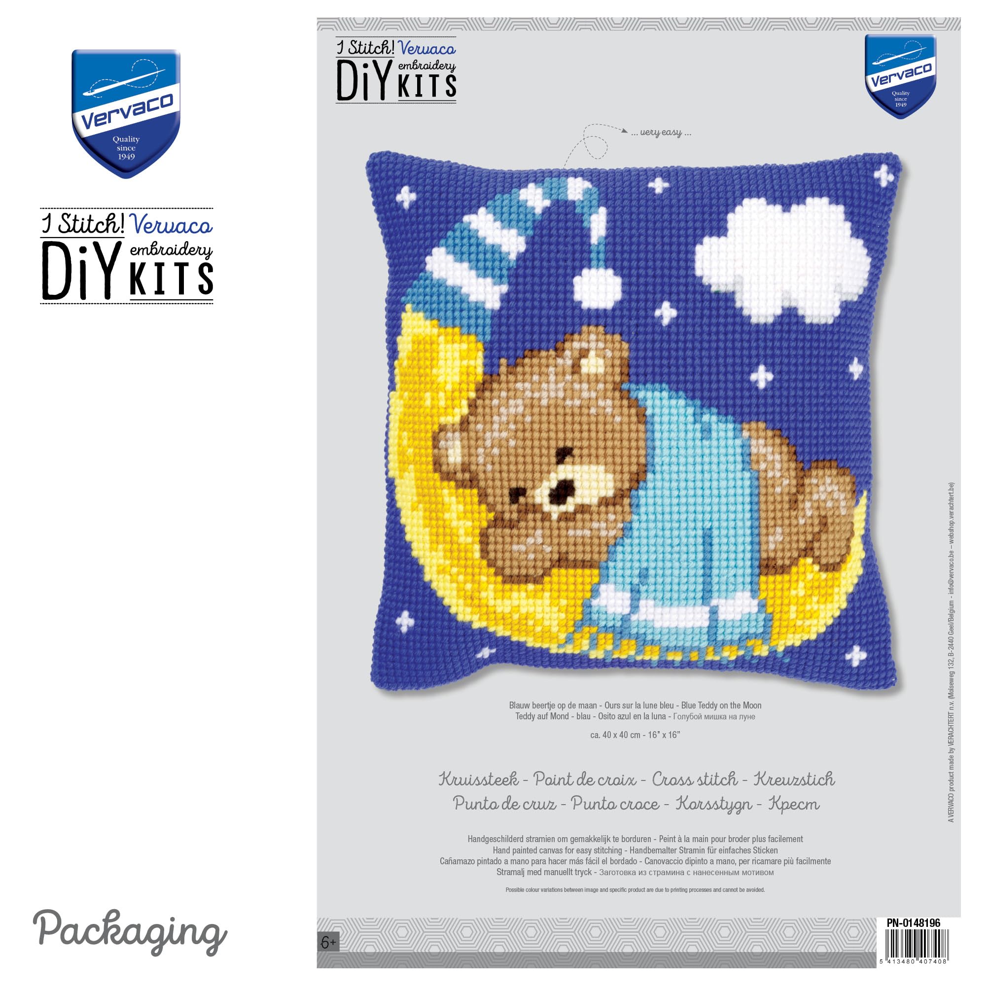 VERVACO Kit Cuscino Punto Croce Orso sulla Luna Blu Set Ricamo Principianti Cuscini Gobelin Decorativi ca. 40 x 40 cm Accessori per Lavoretti Creativi DIY Casa Decor Hobby Adulti Cross Stitch