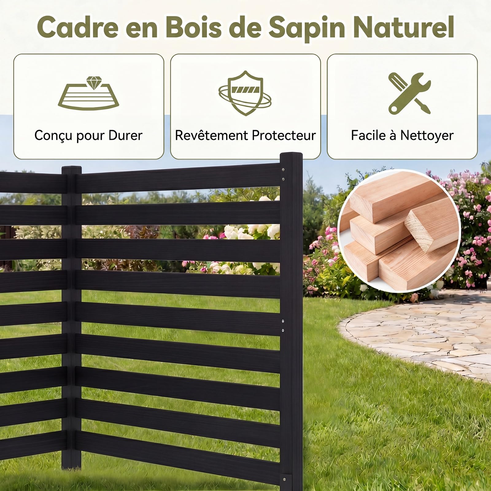 GYMAX 2 Panneaux Clôture de Jardin Modulable, Palissades en Bois, 98 x 107 CM, Barriere Jardin à Lattes Modulable en Bois de Sapin, pour Balcon, Terrasse et Parterre de Fleur Bordure (Noir)