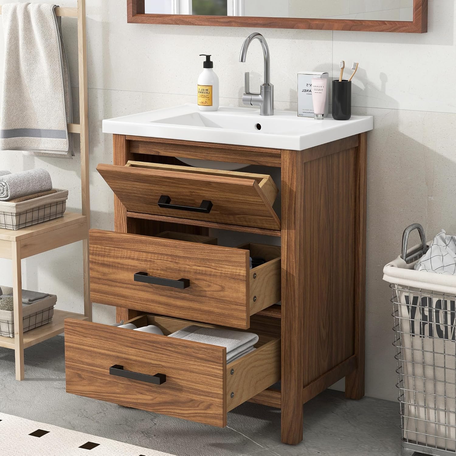 Merax 24 Inch Bathroom Vanity with Sink, Wood Bathroom Storage Vanity with 24" Sink Top, Quick Assembly Small Bathroom Vanity Storage Cabinet with Tilt-Out Tray & Drawers