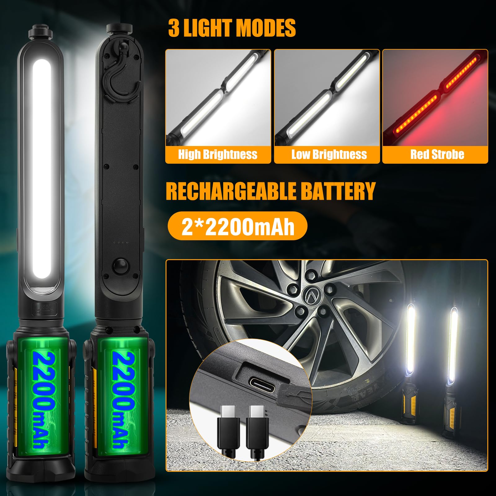 SYLSTAR Linterna Taller con Control por Sensor, 2400LM Linterna Mecanico Recargable con 3 Niveles de Brillo, 4400mAh Batería, Gancho y Base Magnética para Taller Reparación de Autos Emergencia