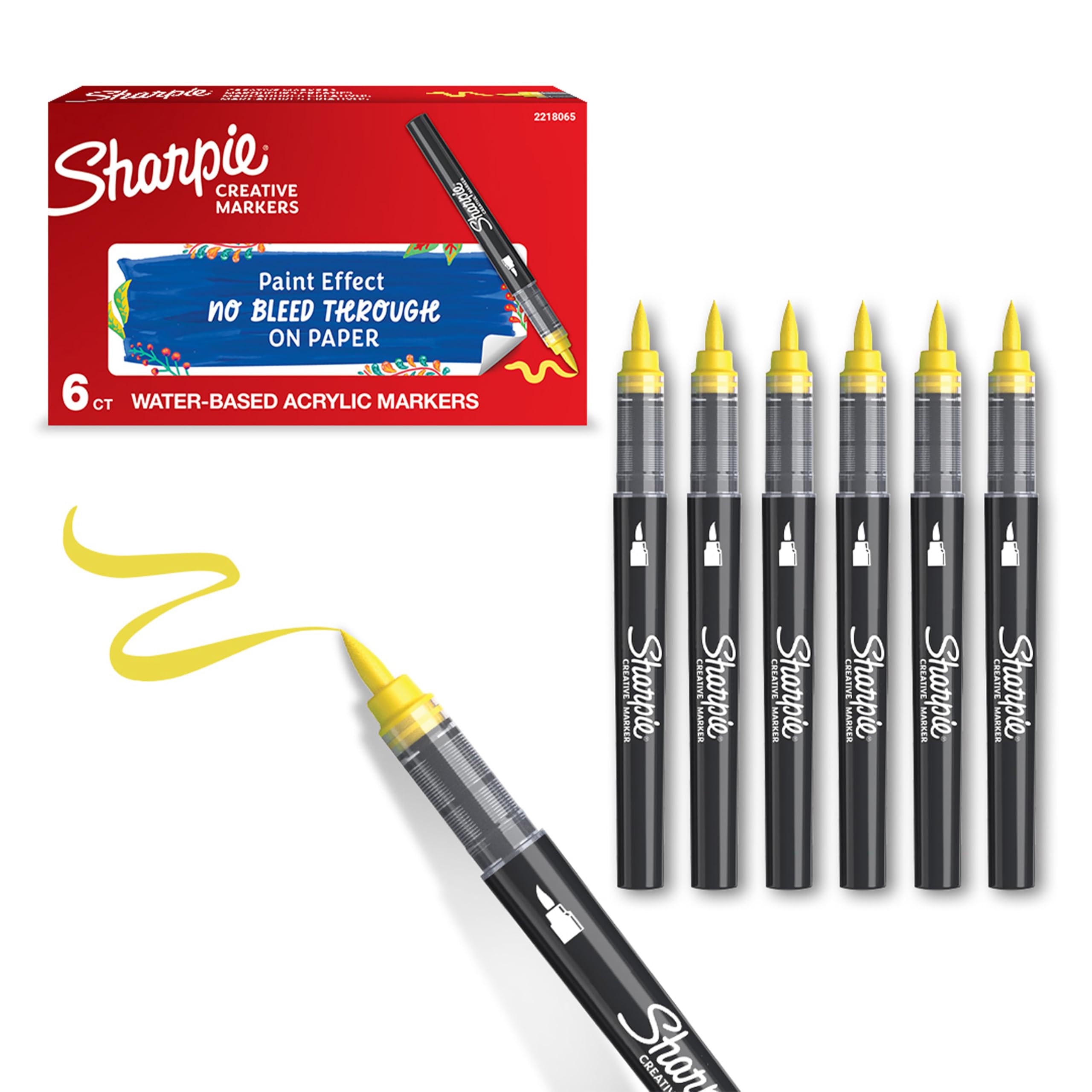 Sharpie Creative Marker Acrylic Paint Pens | Brush Tip Water-Based Paint Markers | Yellow | No-Bleed Ink Writes on Most Surfaces | Crafting & Art Supplies | 6 Count