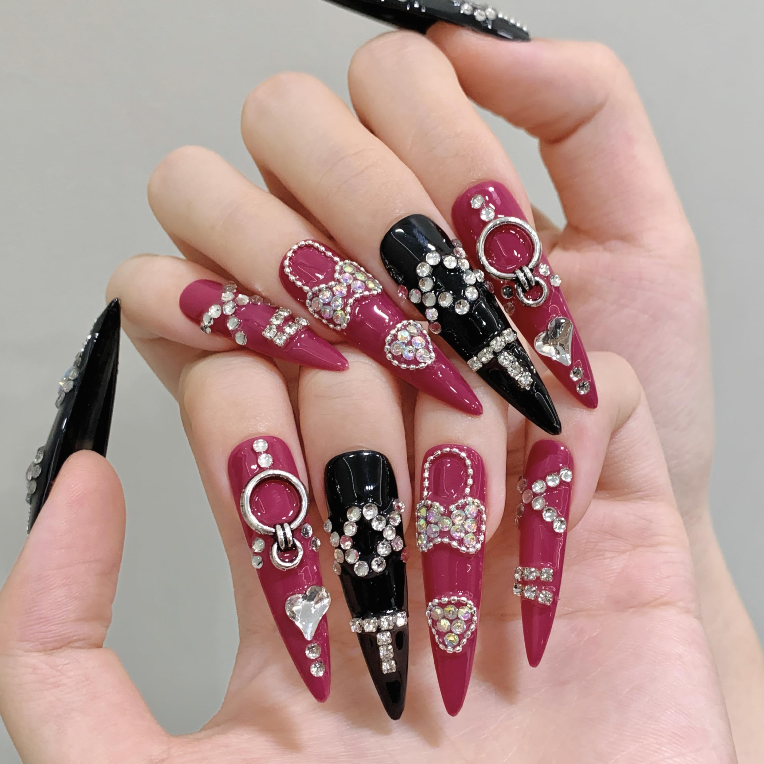 Liccom Press-On Nails "Nero & Rosa Spina” – Unghie Finte Eleganti Nero e Rosa con Strass e Cristalli, Design Dark Neon di Lusso, Facile Applicazione, Riutilizzabili (S, L. da27mm a 32mm, Mandorla)