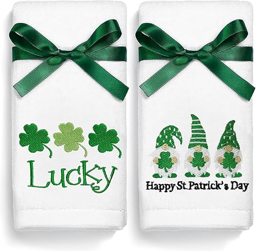 Juego de 2 toallas de mano irlandesas del Día de San Patricio, 100 % algodón, bordadas, gnomo verde, trébol, juego de 2 toallas decorativas para