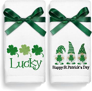 St. Patricks Day Hand Towels 100% Cotton Embroidered Green Gnome Shamrock Decorative Bathroom Kitchen Dish Towels Set Gift Set of 2 14x29 inch