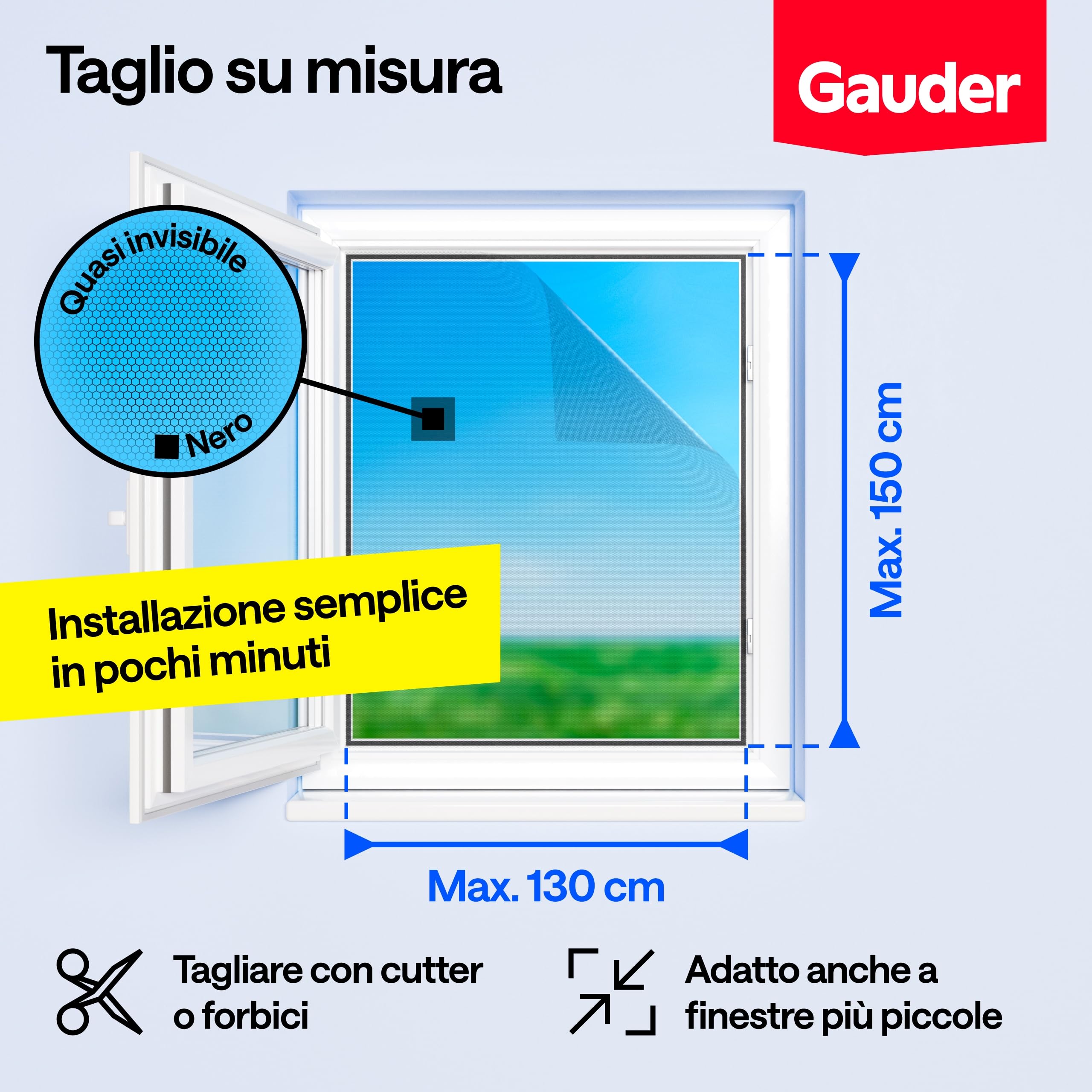 GAUDER Zanzariera per Finestra - Rete Anti-Insetti con Chiusura a Strappo - Protezione Adesiva contro le Zanzare - Schermo Autoadesivo Senza Fori (130 x 150 cm - Nero)