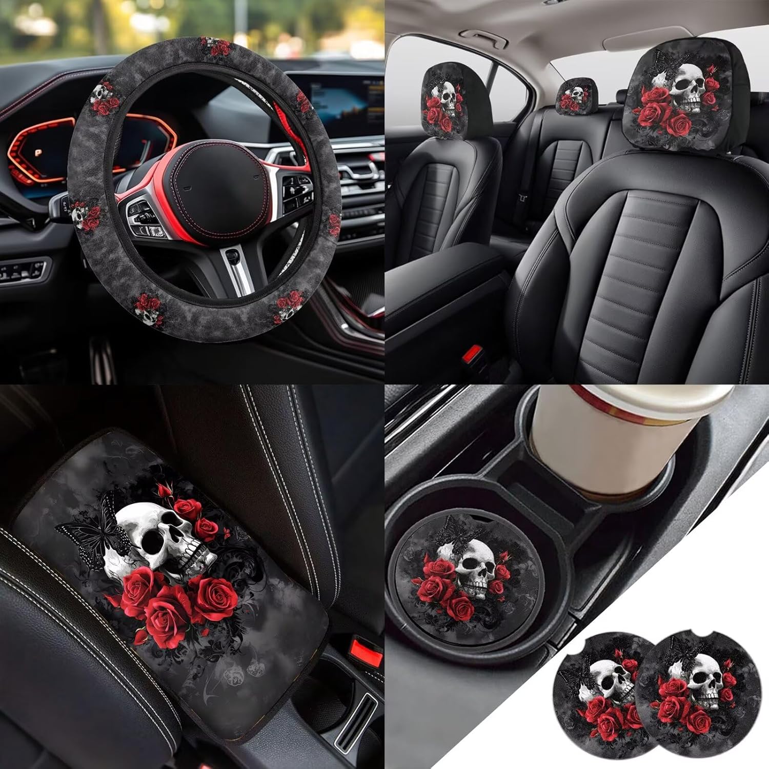 Red Rose Flowers Skull Universal 13 Pieces Auto Accessories Set, Seat Covers Full Set/Seatbelt Pads/Steering Wheel Covers/Coasters/Keyrings,for Most Cars Trucks Suvs