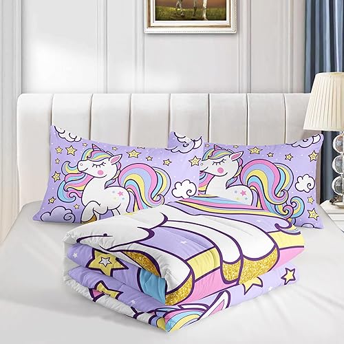 Miniatura 4 de Axolotl Juego de ropa de cama de unicornio arcoíris tamaño matrimonial juego de edredón de unicornio morado con nube de estrellas para niñas 1