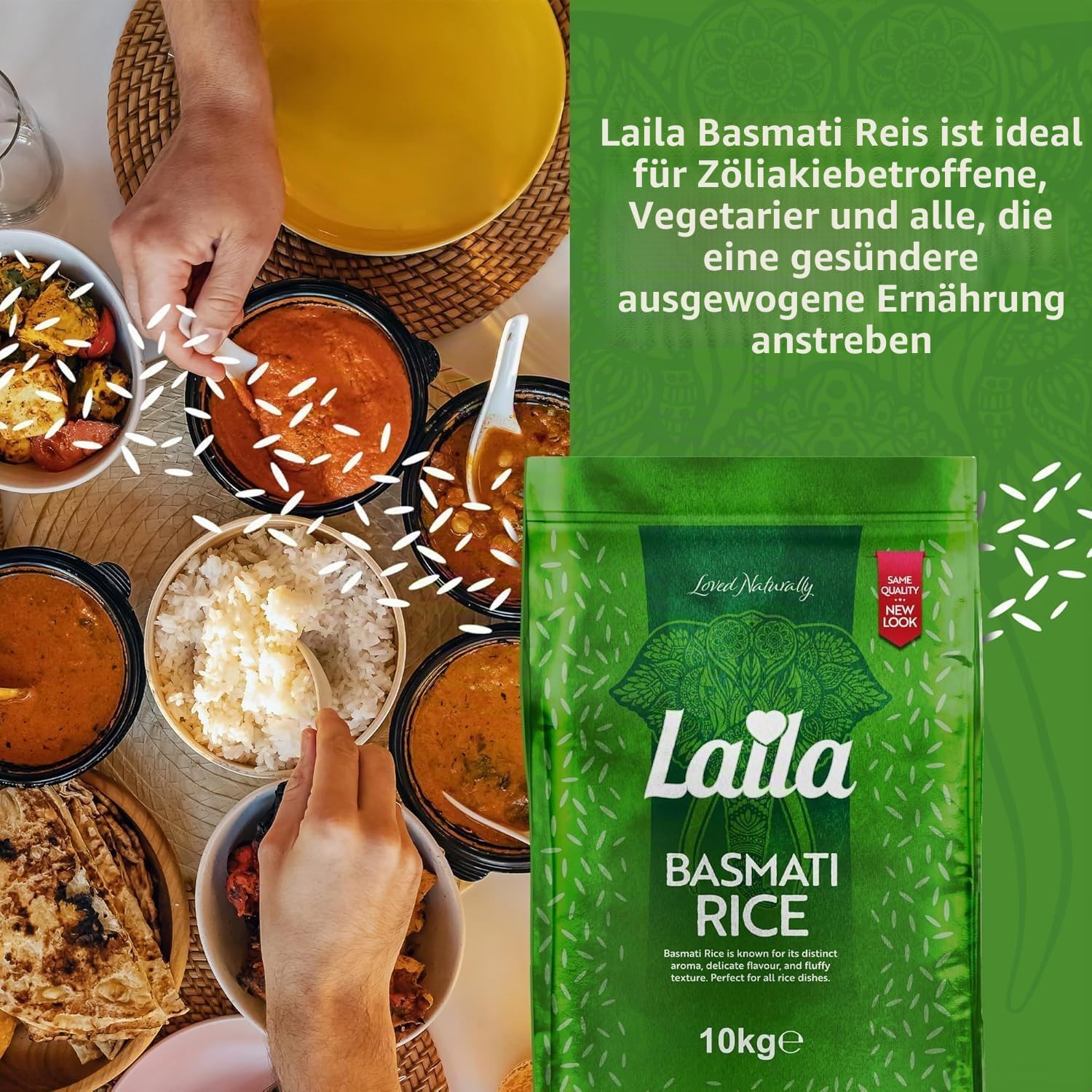 Laila Basmati Reis 20 kg - Premium Basmati-Reis aus Pakistan, aromatisch und leicht verdaulich, ideal für jeden Anlass, glutenfrei, perfekte Beilage für Ihre Gerichte