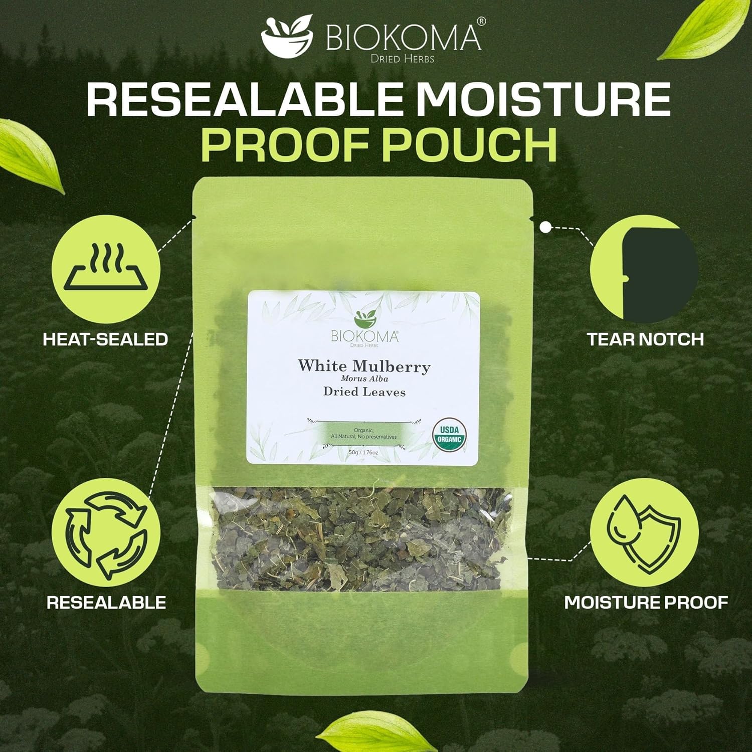 Biokoma Organic White Mulberry Leaf Tea Loose Dried Leaves 1.76oz - Morus Alba Herbal Tea - USDA Organic - Resealable Moisture Proof Pouch - No Additives - No Preservatives - Non GMO - Kosher - Image 4