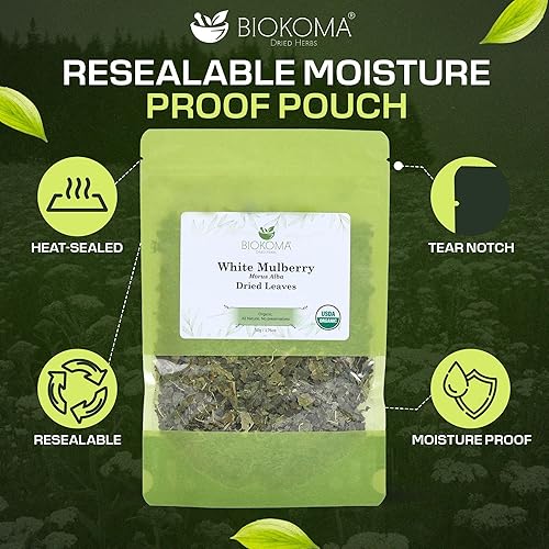 Miniatura 4 de Biokoma Hojas secas de morera blanca pura y orgánica, 1.76 oz (1.76 onzas) en bolsa resellable a prueba de humedad, certificado orgánico por USDA,