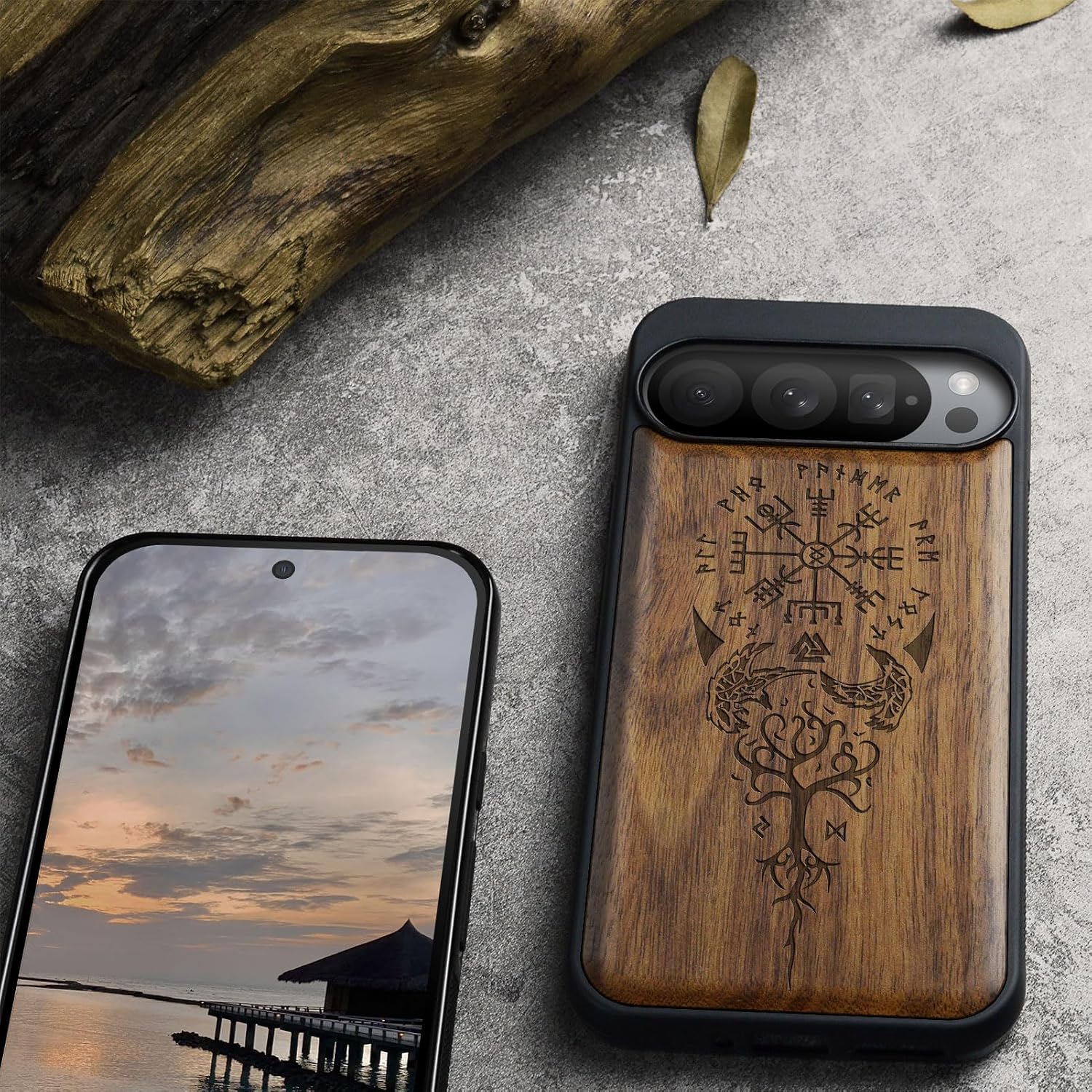 Carveit Wood Case for Pixel 9 Pro Case [Natural Wood & Black Soft TPU] Shockproof Protective Cover Unique Wooden Design Compatible with Google Pixel 9 Pro (The Guiding Vegvisir-Wlanut)