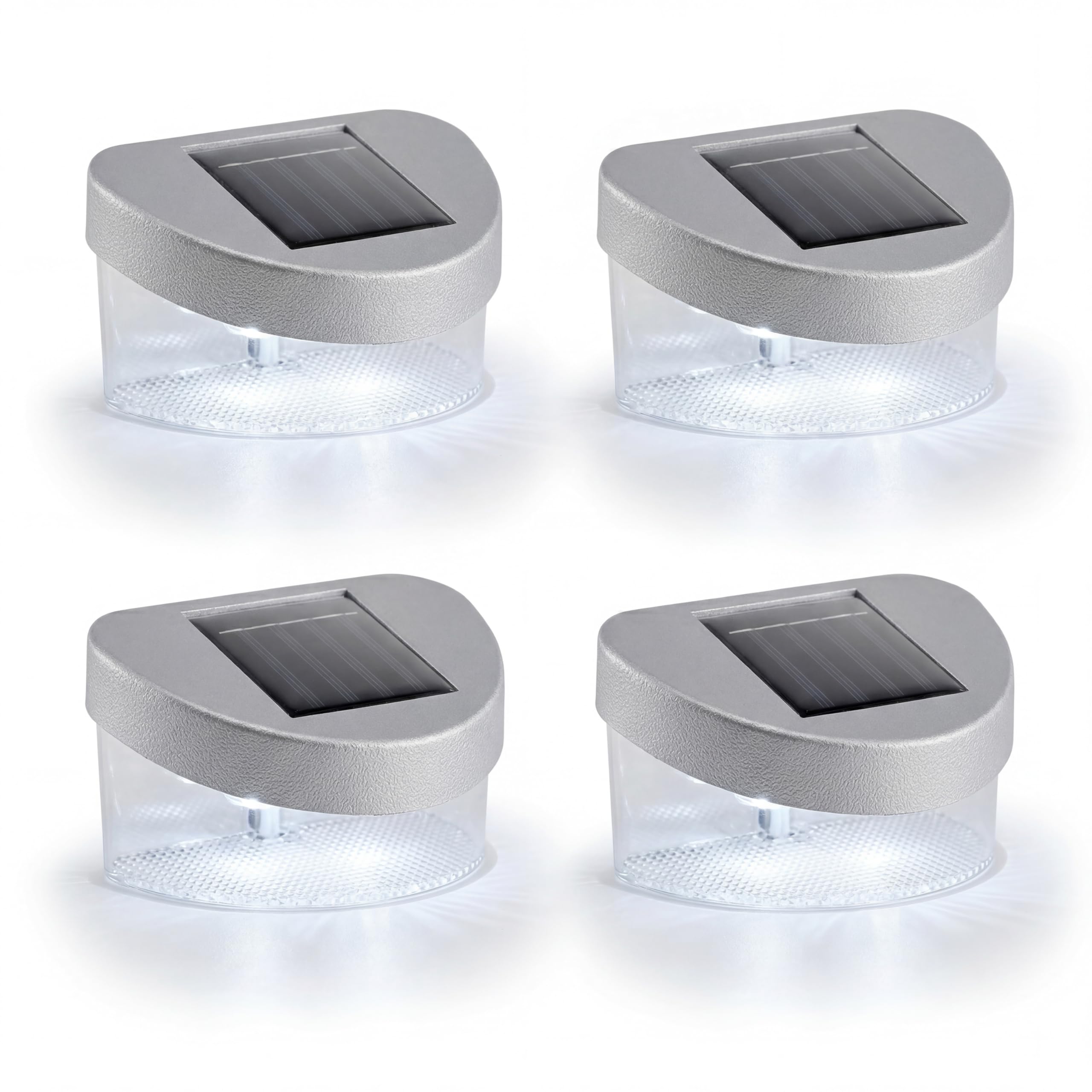 GEEZY Solar Fence Lights, Set of 4 - Silver Waterproof Pathway Wall Lamp with Bright White LEDs & Dusk to Dawn Sensor - Outdoor Security Garden Fence Solar Lights, Patio Decoration & Deck Lighting