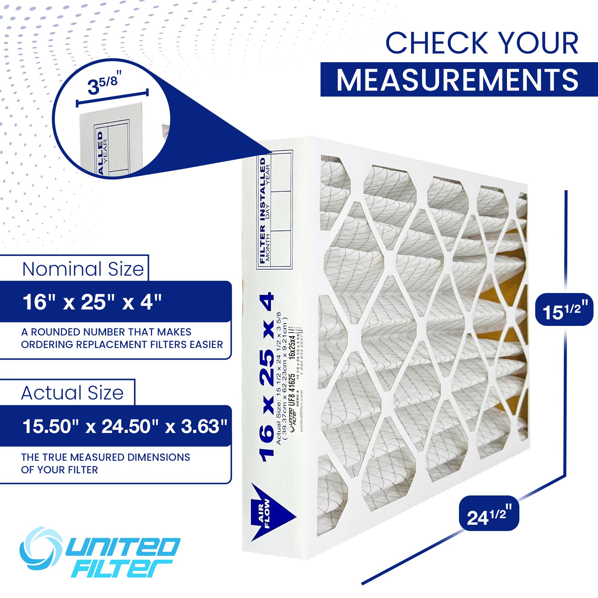 16x25x4 Pleated MERV 8 Furnace Filter, Case of 6 - (Actual Size 16x25x4 Pleated MERV 8 Furnace Filter, Case of 6 - (Actual Size