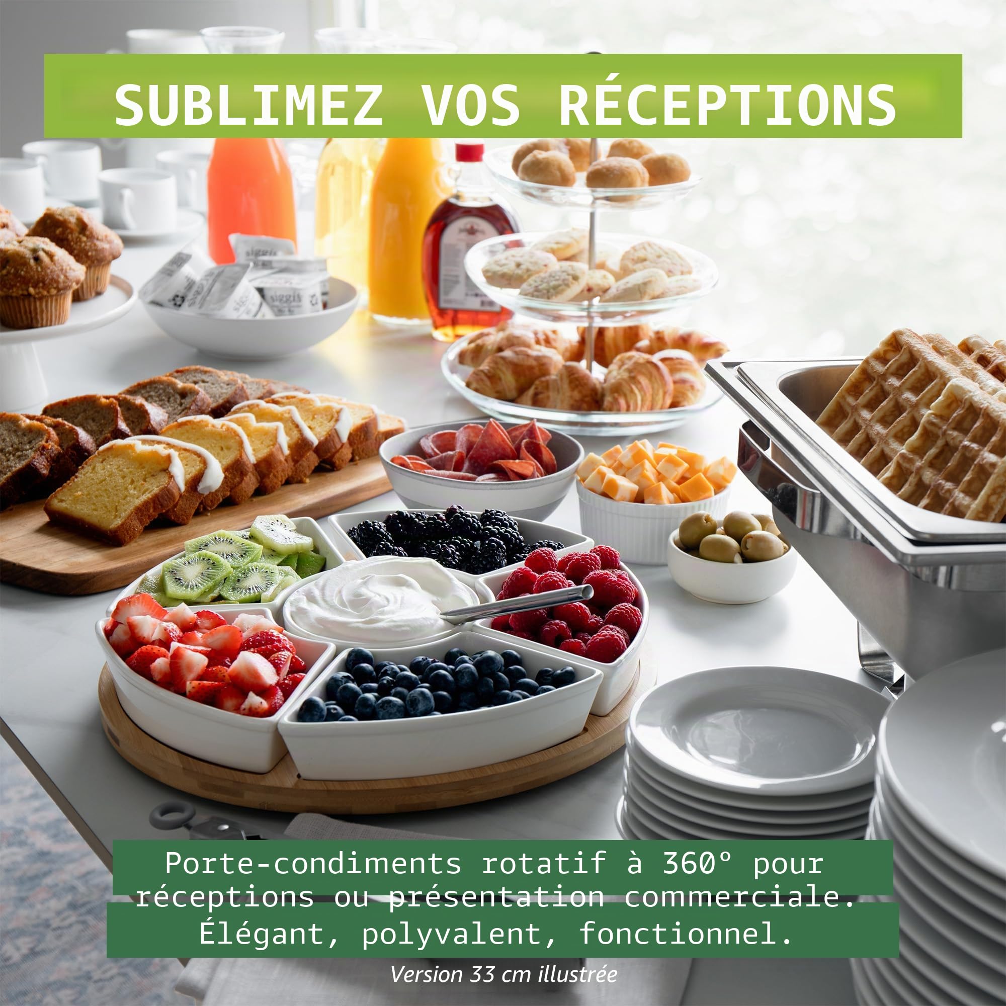 Plateau Aperitif en Céramique, Plateau Tournant Compartimenté pour Collation Tacos Lazy Susan – Ensemble Plateau de Service Apero pour Les Entrées et Desserts de fête, Salsa (33 cm)