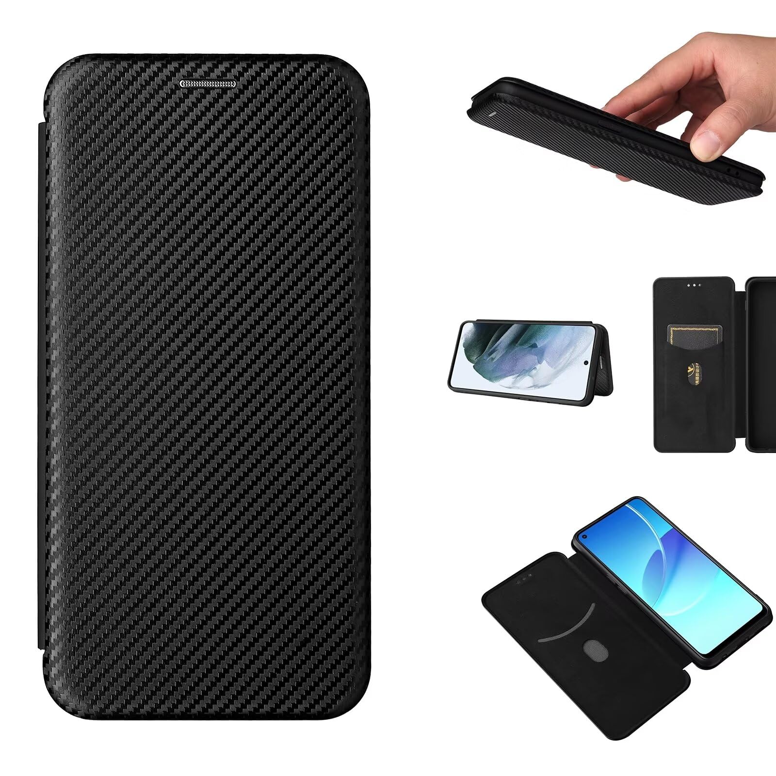 JeelarESONG Carbon Case Compatible with Xiaomi 14 Ultra, PU Leather Case +TPU Bumper with Card Holder Magnetic Closure Rack- Black