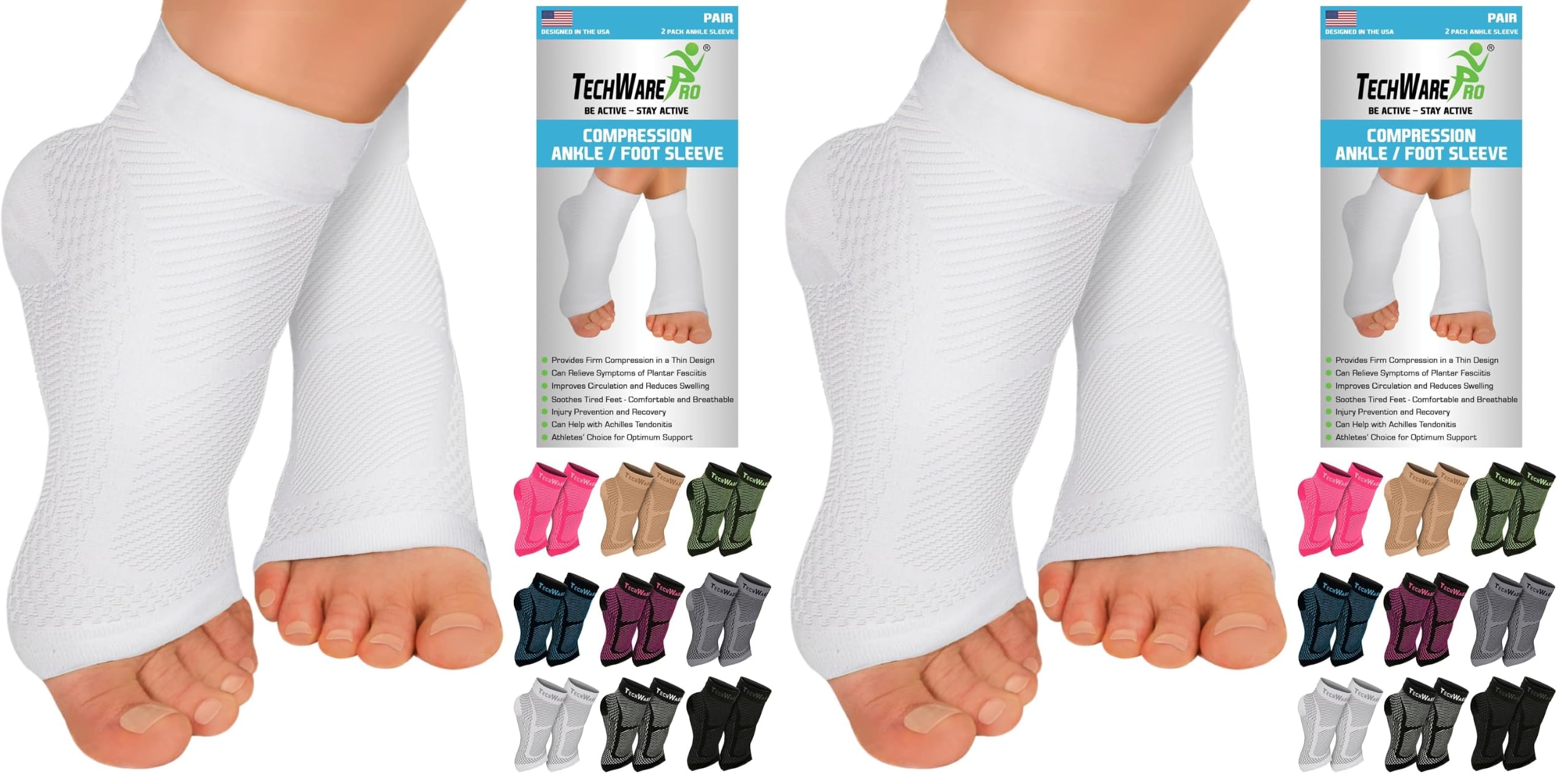 TechWare Pro Ankle Brace Compression Sleeve - Plantar Fasciitis Sock. Relieves Achilles Tendonitis. Foot Arch Support Reduces Joint Pain, Swelling &amp; Heel Spur Pain. Injury Recovery Braces for Sports