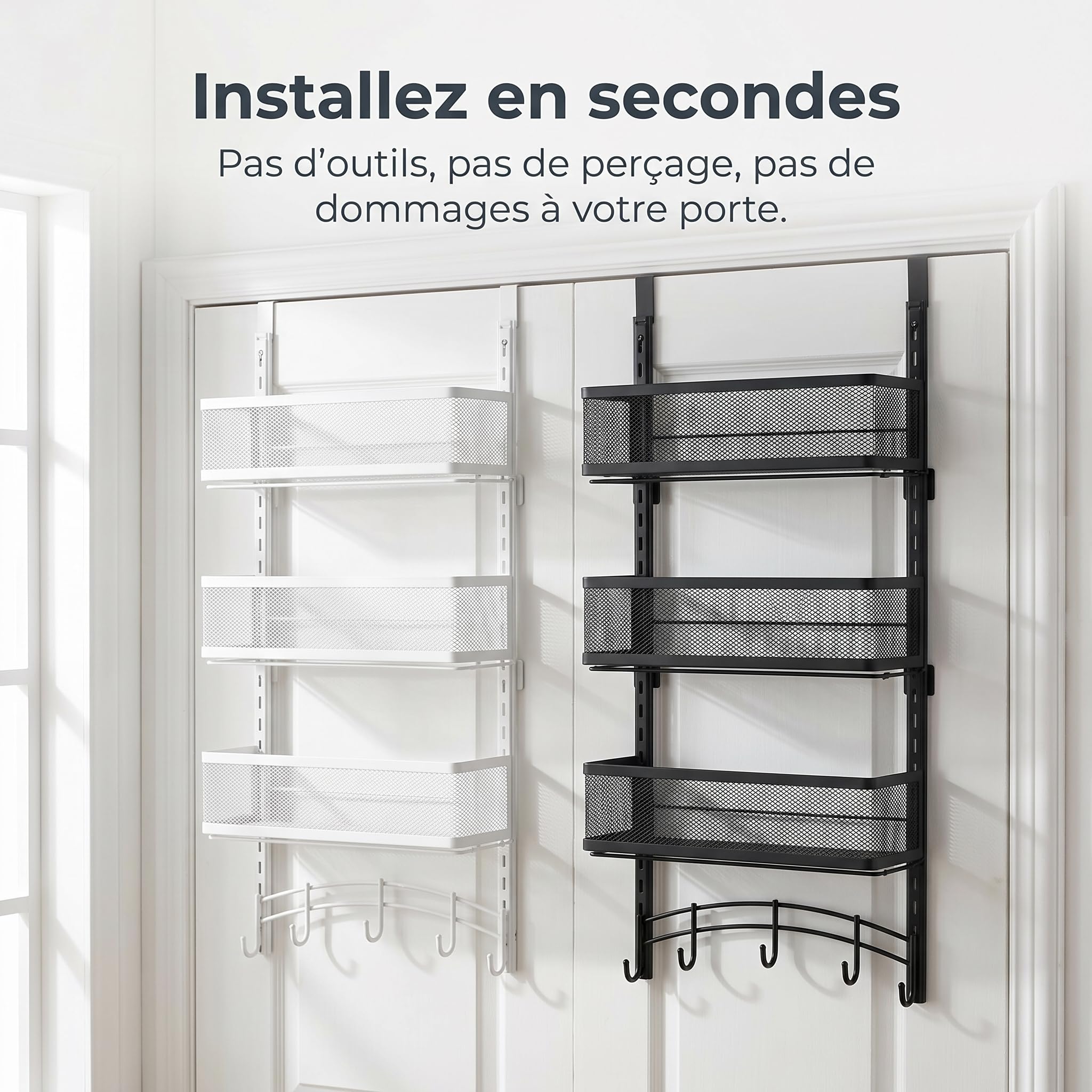 Organisateur porte sans perçage - panier suspendu pour rangement porte à suspendre - Pour les vêtements, Blanc, 3 paniers suspendus