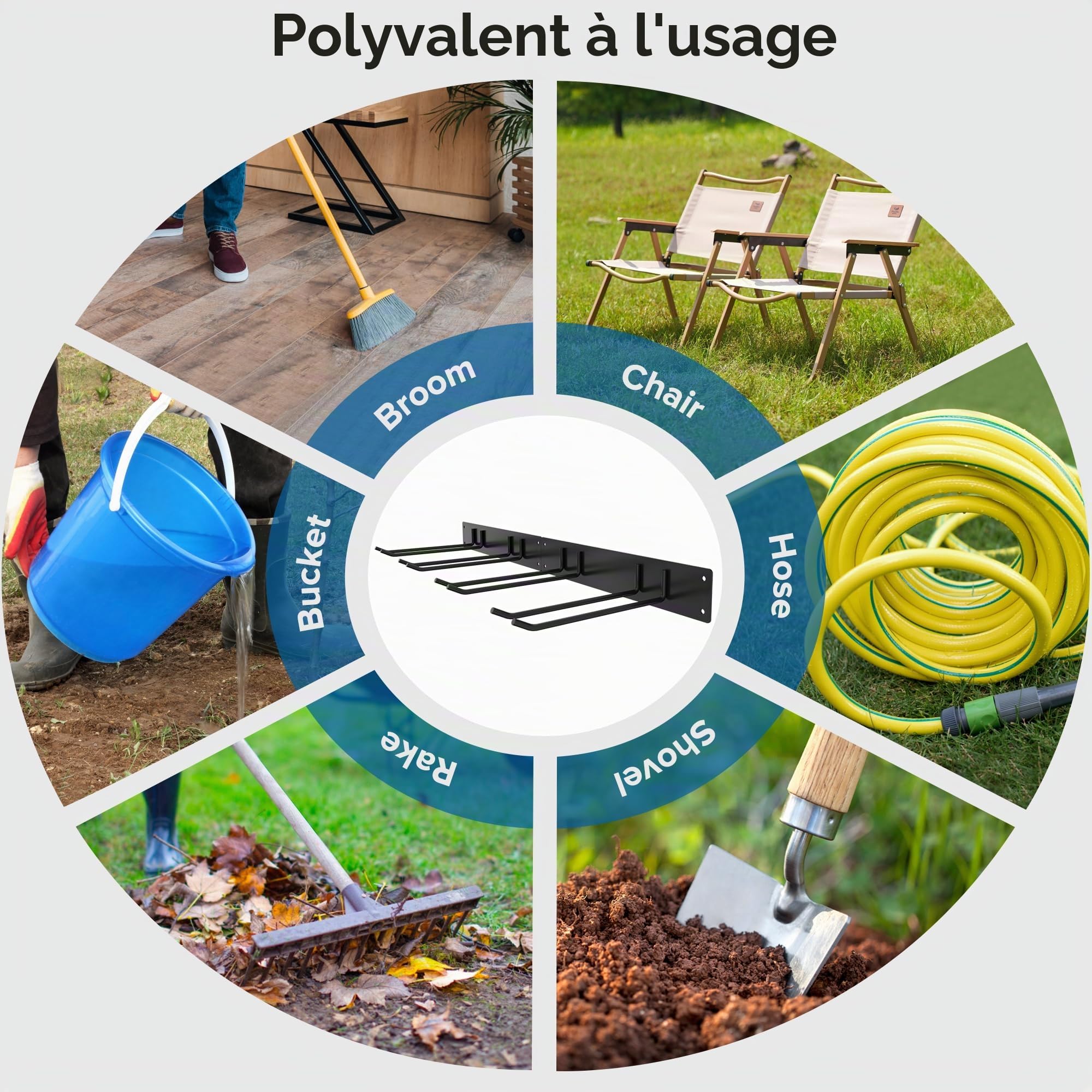 Urban Deco Support mural en métal pour Outillage de Jardin, capacité de charge de 150 kg, avec 4 crochets doubles et 2 panneaux, pour outils de jardin dans le garage, le jardin, la cave, noir