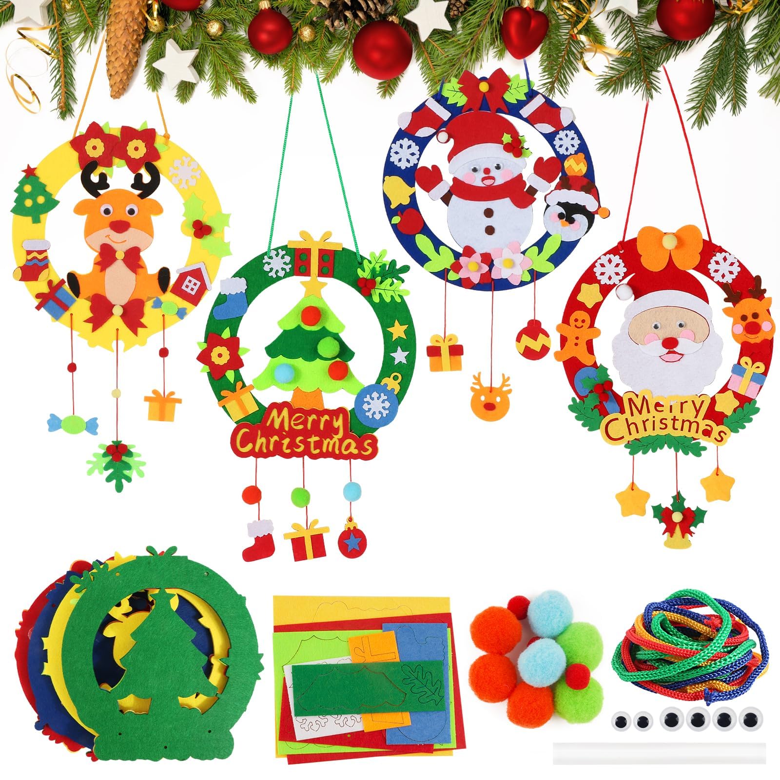 4pcs Coronas de Navidad para Niños Corona Navideña Kit Manualidades de Navidad de Fieltro Adornos de Bricolaje Decoración para Colgar de Árbol de Navidad Puerta Pared Ventana