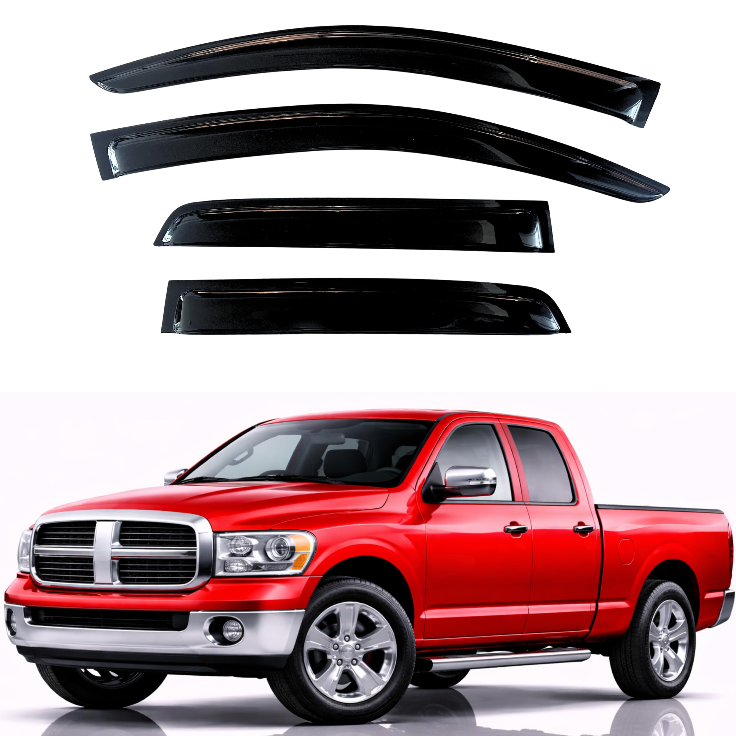 KPY Rain Guards Fit for 2002-2008 Dodge Ram 1500 Quad Cab, Out-Channel Window Visors Vent Wind Deflectors 4PC, Truck Accessories for 2003-2009 Dodge Ram 2500 3500 (Extended Cab Only)