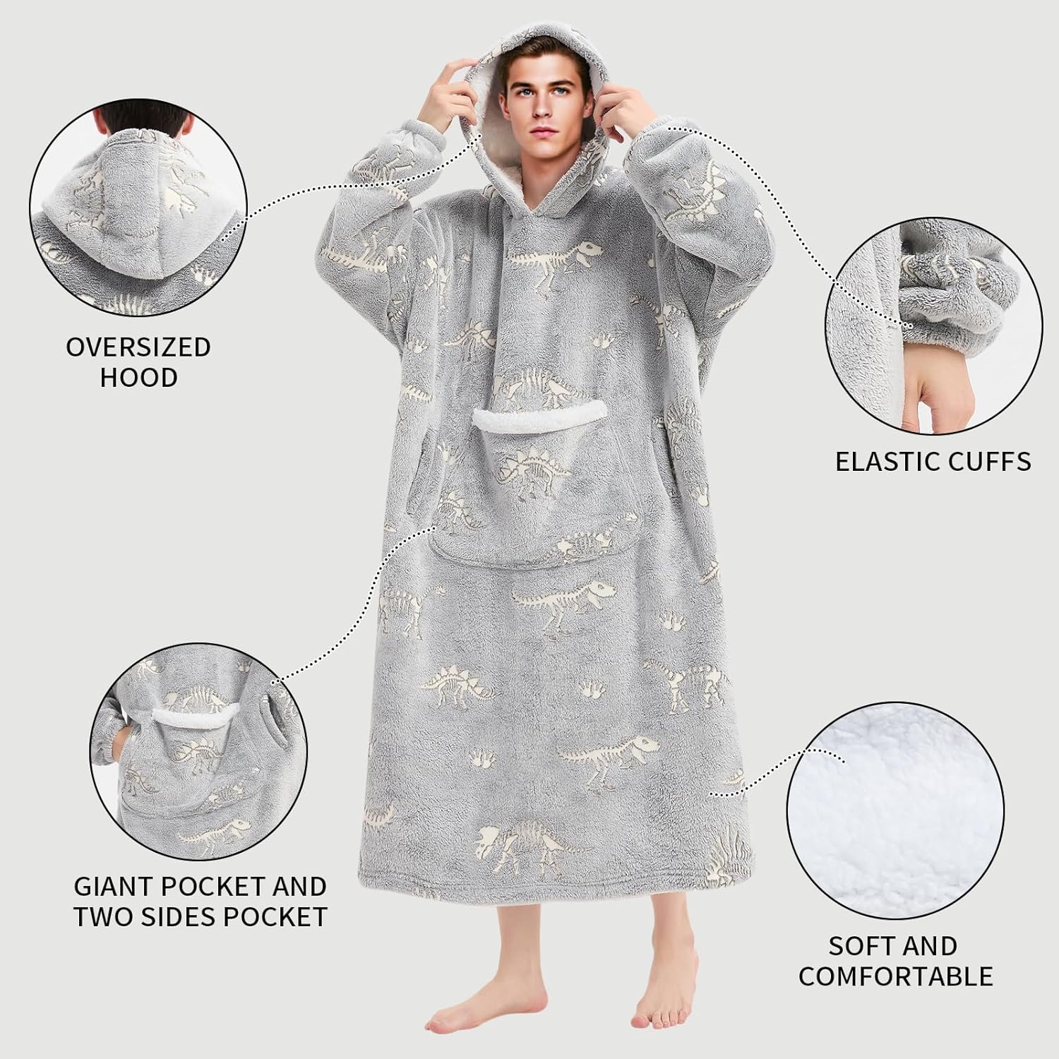Wearable Blanket Gift for Women & Men Sherpa Flannel Blanket Hoodie Long Warm and Cozy Blanket with Giant Pocket,Glow in the Dark Dinosaur Fossil - Image 3