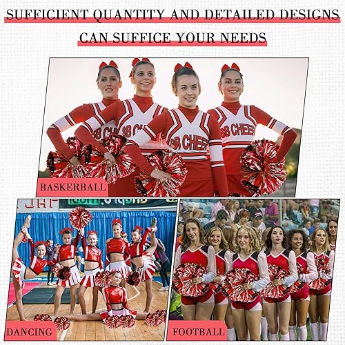 Miniatura 59 de Hanaive 3 pompones de animadora y lazo grande para animadora para el pelo, suministros metálicos para animadora de espíritu de equipo, deportes