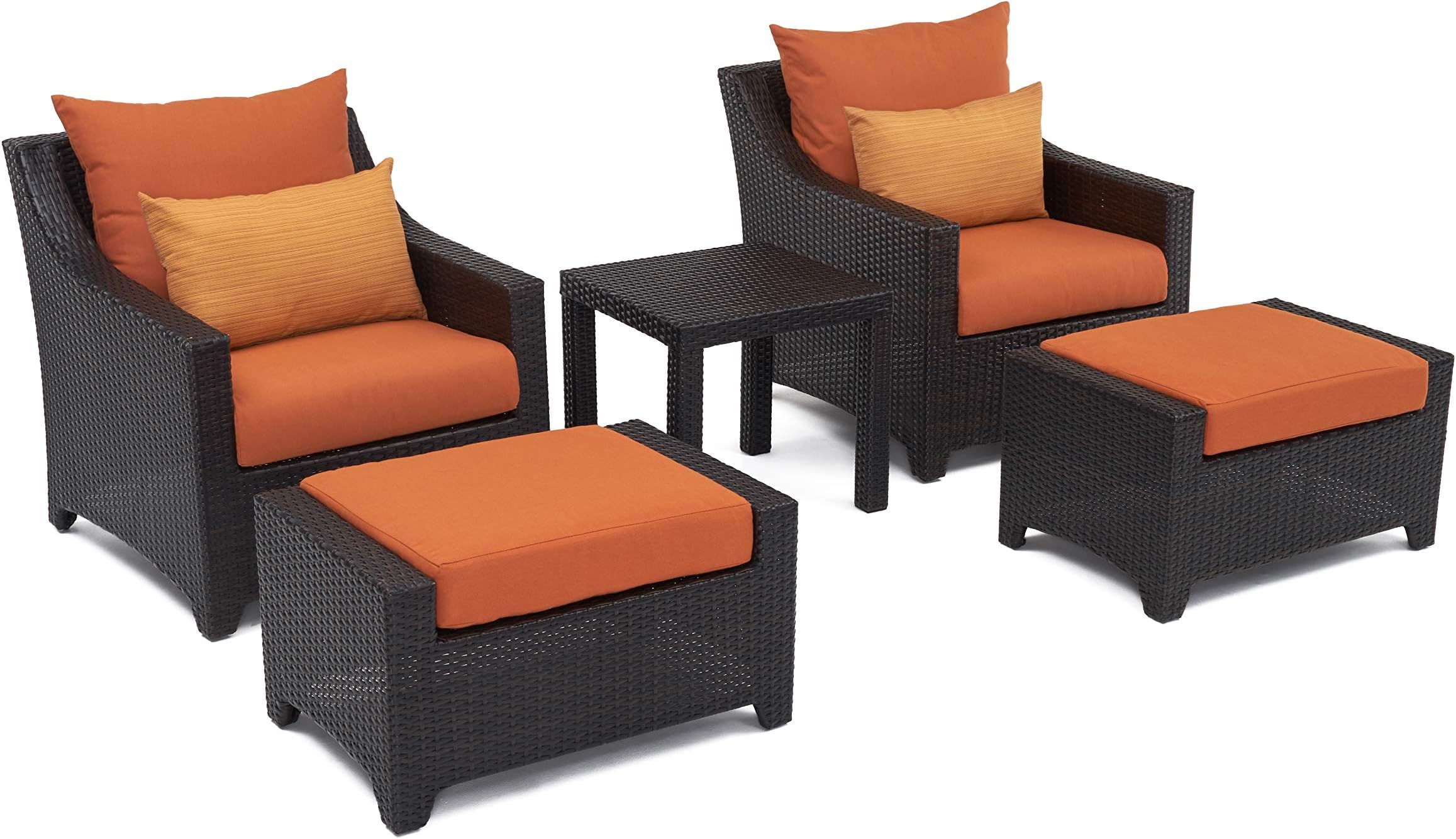 RST Brands Deco 5 Piece Sunbrella Outdoor Patio Club Chairs and Ottomans with Side Table, Resin Wicker, Fade Resistant Cushions, Backyard, Tikka Orange