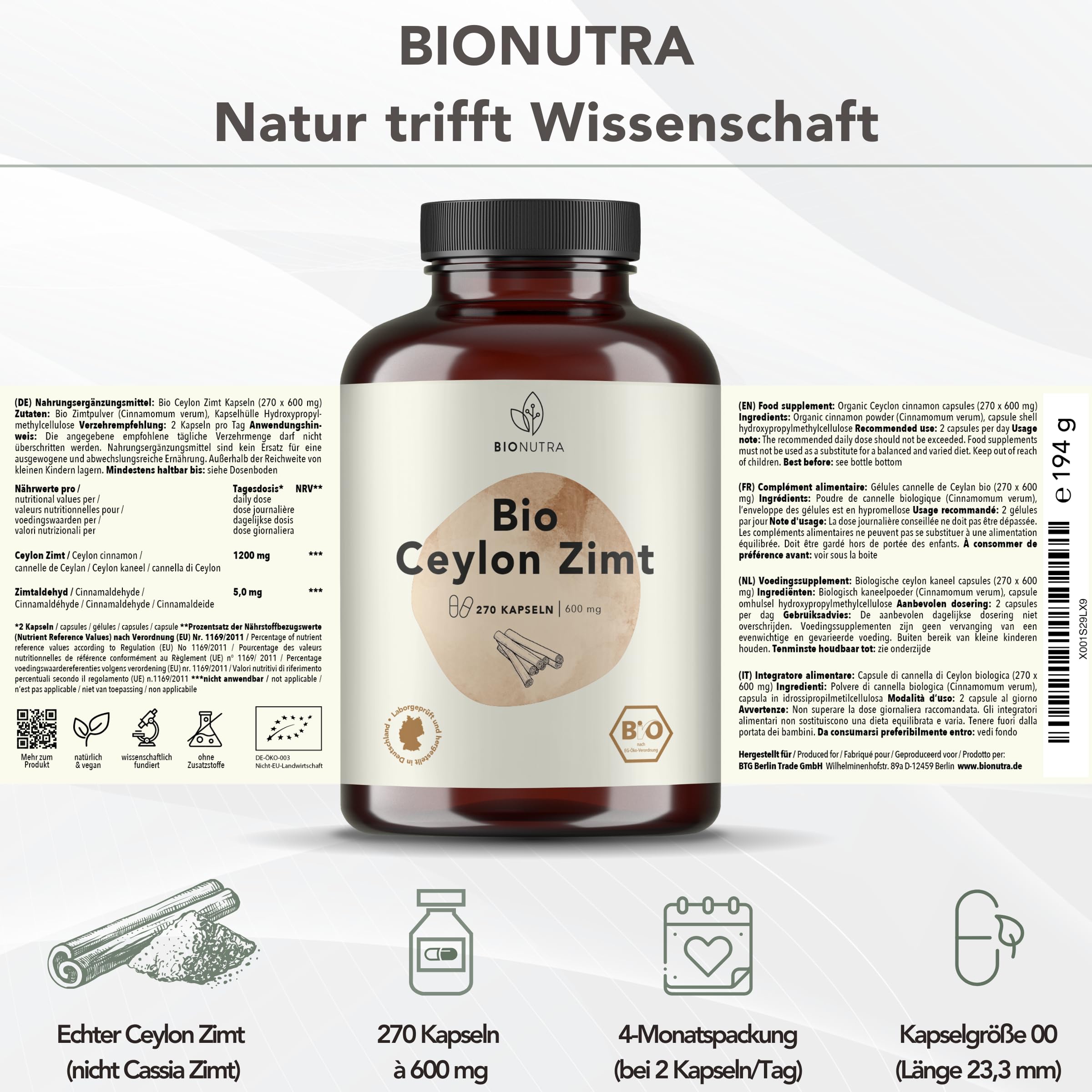 BIONUTRA Bio Ceylon Zimt Kapseln, 270 Stk. à 600 mg, hochdosiert | echte Zimtrinde, cumarinarm, rückstandskontrolliert, ohne Zusätze, vegan, deutsche Herstellung aus Ceylon Zimt Bio Pulver