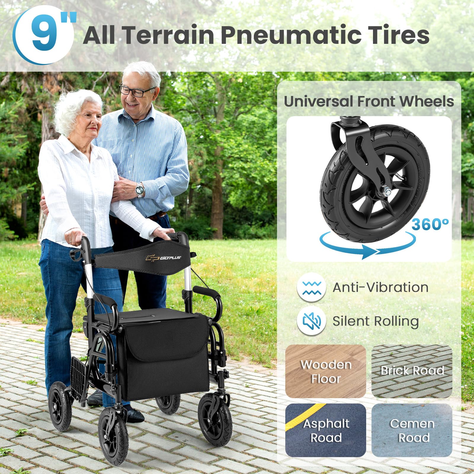 FANTASK 2 in 1 Rollstuhl & Reiserollator, Rollator faltbar & leicht mit Luftbereifung, Gehhilfe bis 140 kg, Rückenlehne mit Sitz 6-fach höhenverstellbar, Gehwagen mit Tasche & Stockhalter (Schwarz)