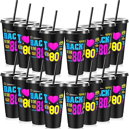 Uiifan 16 vasos reutilizables de 24 onzas con tapas y pajitas de 24 onzas, de regreso a la fiesta de los 80, para cumpleaños de 1980, suministros
