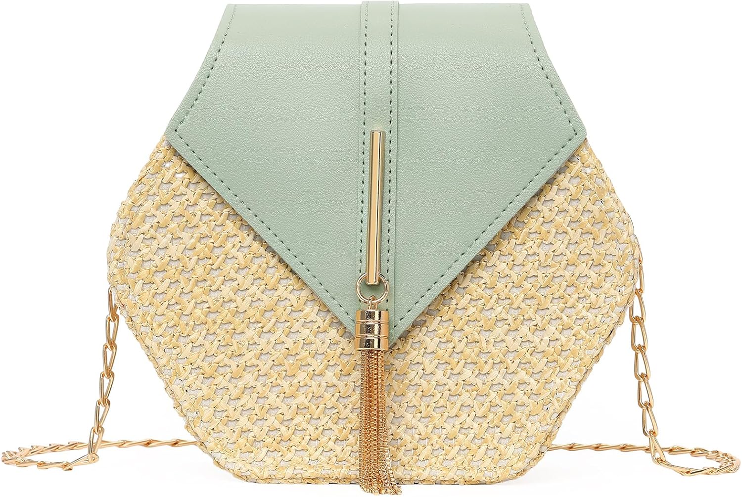 GOIACII Straw Women's Crossbody Bag Summer Shouler Small Purse Beach Bag with Metal Chain Tassel