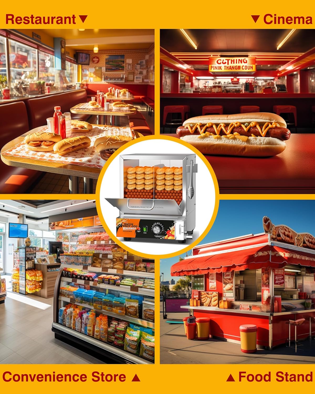 WantJoin Commercial Hot Dog Steamer - 28.8QT Stainless Steel Electric Hotdog Steamer Machine with Bun Warmer, Tempered Glass Steamer Machine for 95-105 Sausages & 30-40 Buns