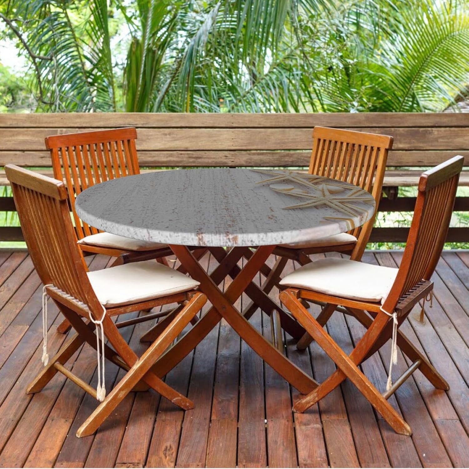 Seashells Round Fitted Table Cover with Elastic Edges,Table Cover for Indoor Outdoor Kitchen or Party ,Waterproof Oil-Proof Stain-Resistant wipeable- Fits Tables up to 57″ - 68” Diameter,Ivory