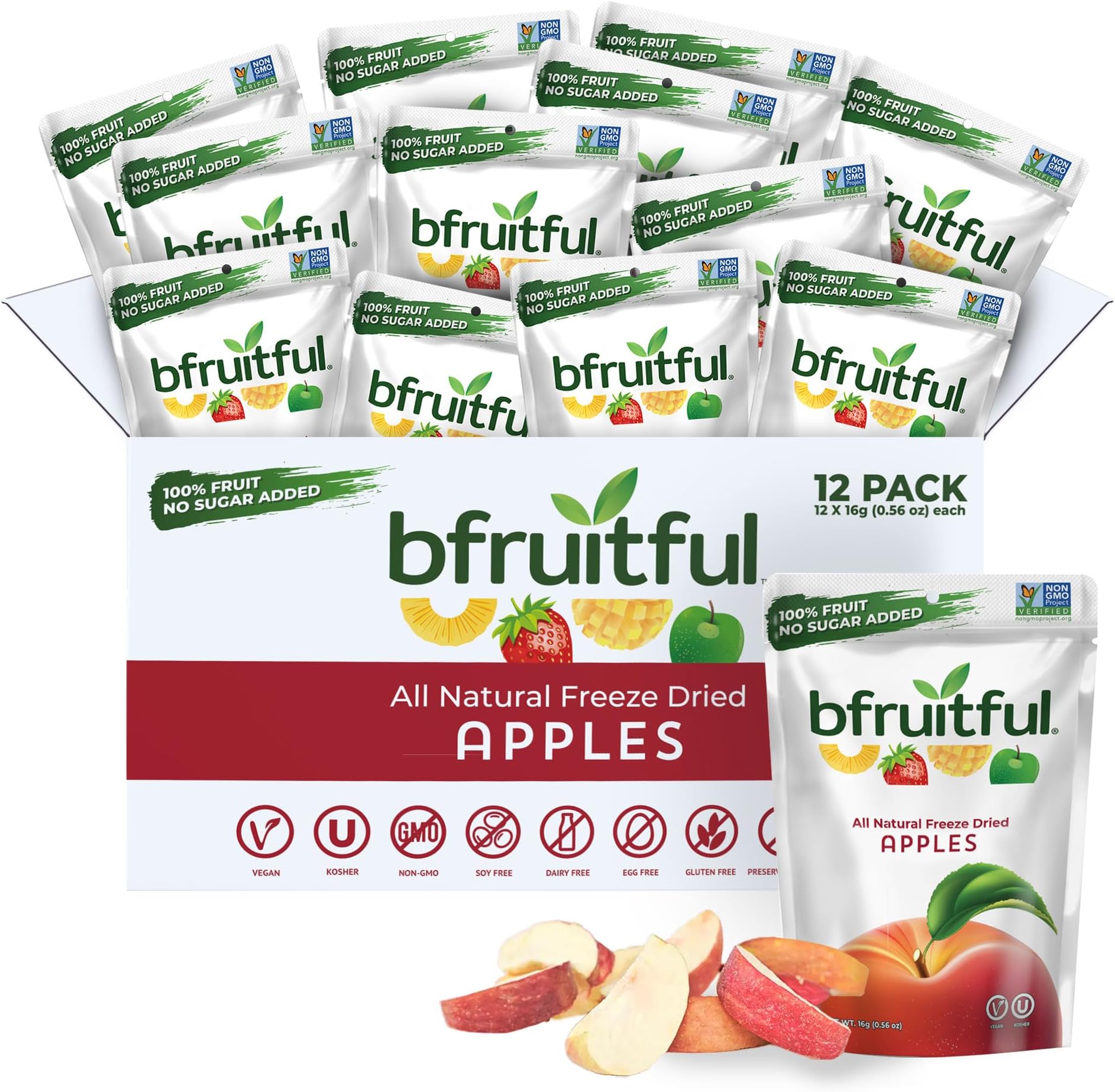 bfruitful Freeze-Dried Apple, Freeze Dried Fresh Fruit Bites, Gluten Free, Vegan, Dairy Free, Kosher, No Sugar Added, Non GMO, Healthy Snacks for Kids or Adults, 0.56 oz Single-Serve Snack Packets, 12 Pack