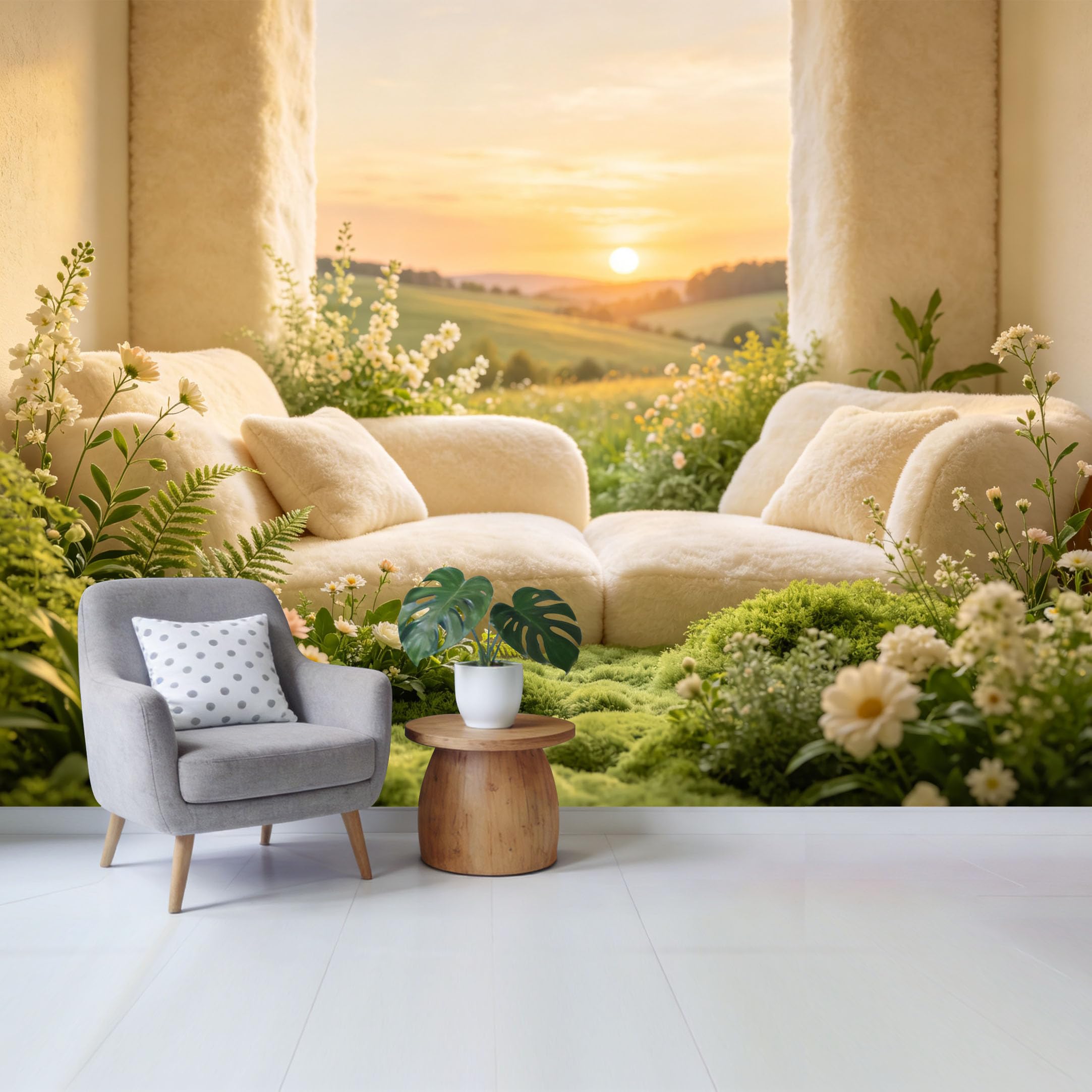 Qzlithotic Yq2605251210 Custom Size Wall Mural Soft Creamy Sofa Sunset Rolling Hills Botanical Landscape Selfadhesive Wall Fabric Removable Wallpaper For Home Office Decor