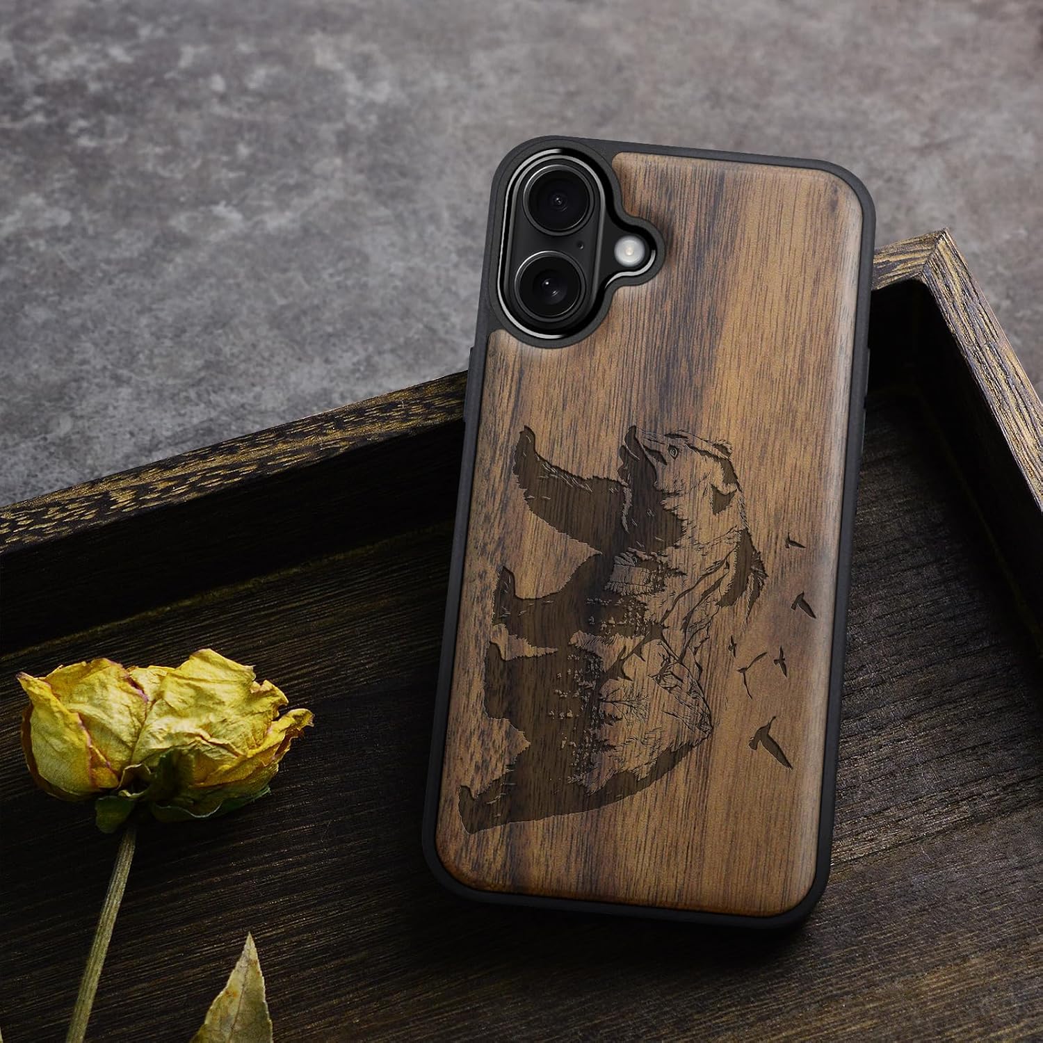 Carveit Magnetic Wooden Case for iPhone 17 Case, Wood Artisan Engraved & Black Soft TPU Shockproof Cover, Compatible with MagSafe Wireless Chargers (Bear and Valleys) Walnut
