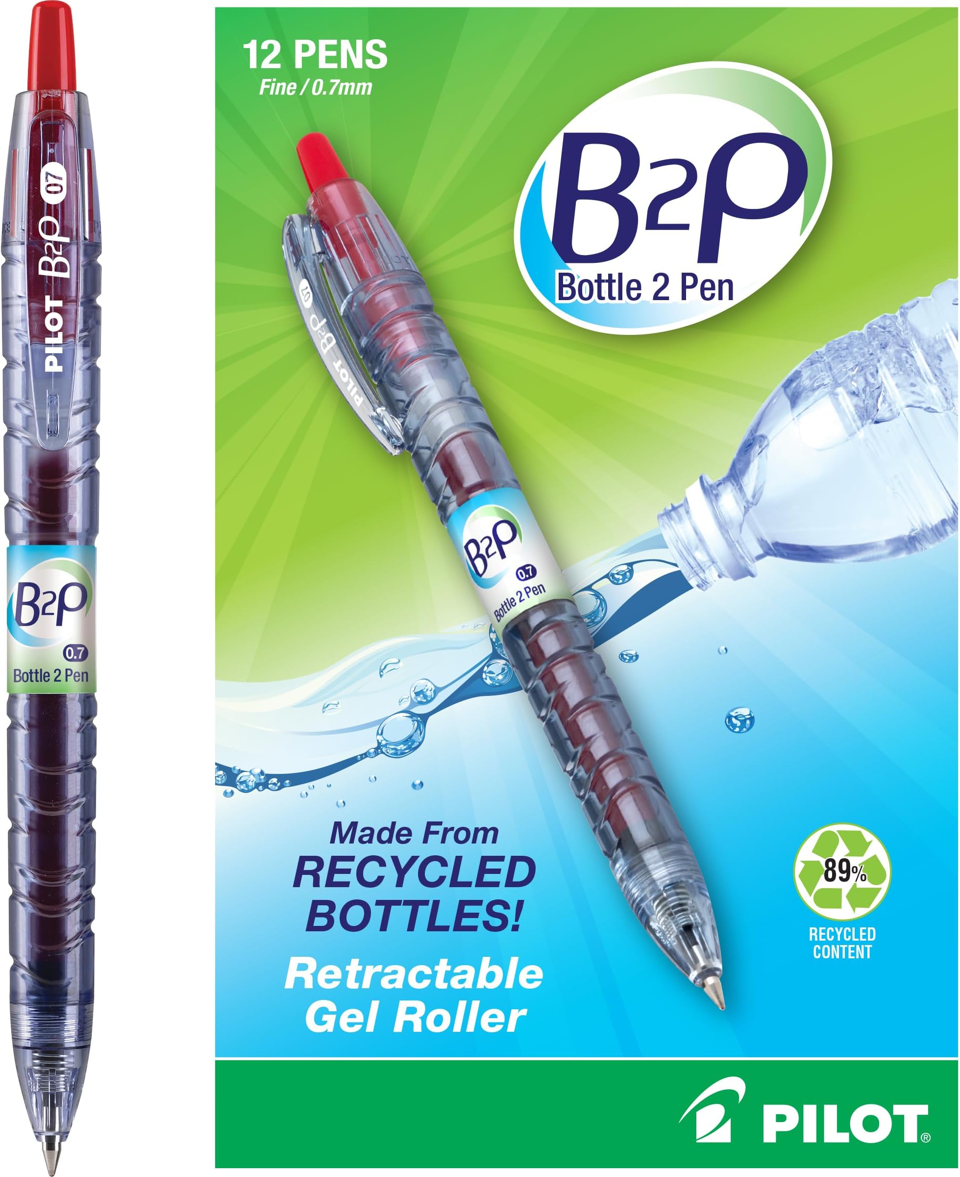 B2P - Bottle to Pen Refillable & Retractable Rolling Ball Gel Pen Made From Recycled Bottles, Fine Point, Red G2 Ink, 12-Pack (31602)