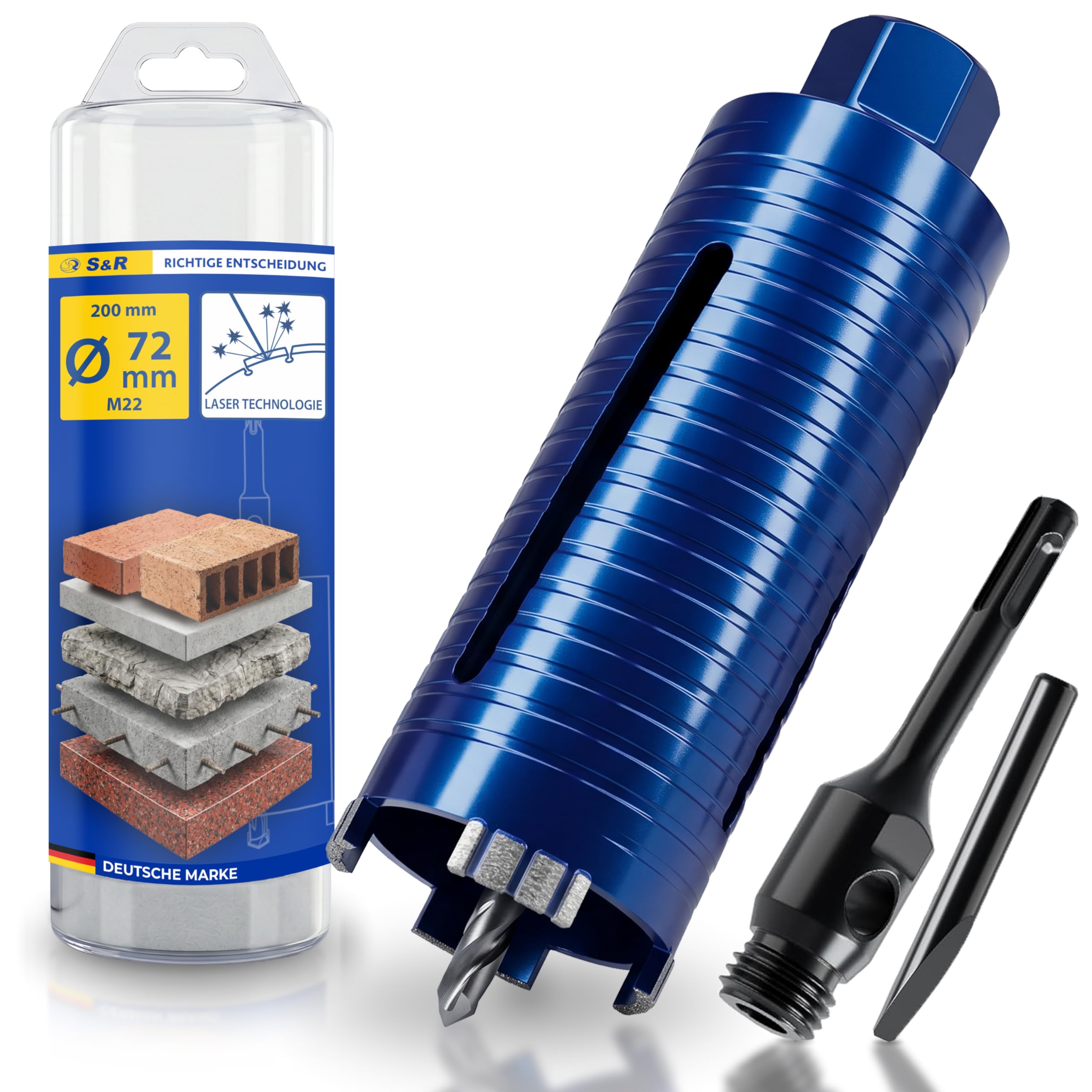 S&R Diamentowa koronka wiertnicza 72 mm, wiertło rdzeniowe M22, długość 200 mm, segment 10 mm, wiertło centrujące, adapter SDS-plus, koronka wiertnicza na sucho, diamentowa koronka wiertnicza do