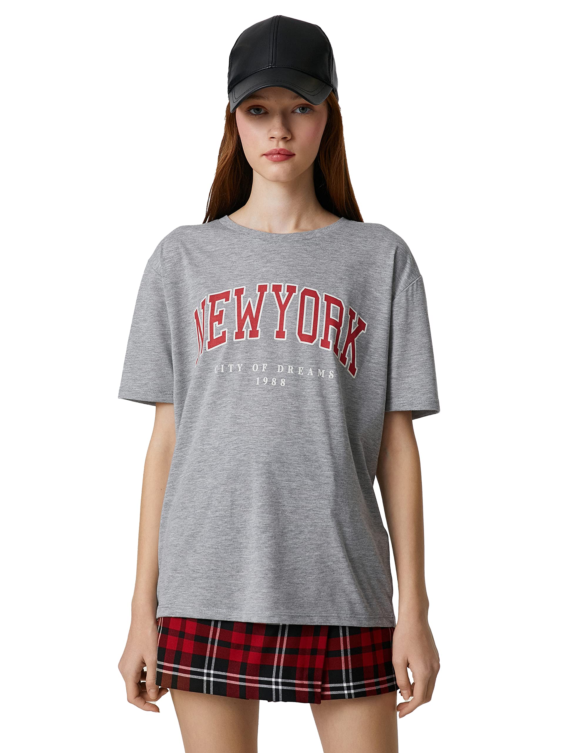 Koton Women's New York Printed Crew Neck Short Sleeve T-Shirt, Grey (031), XS