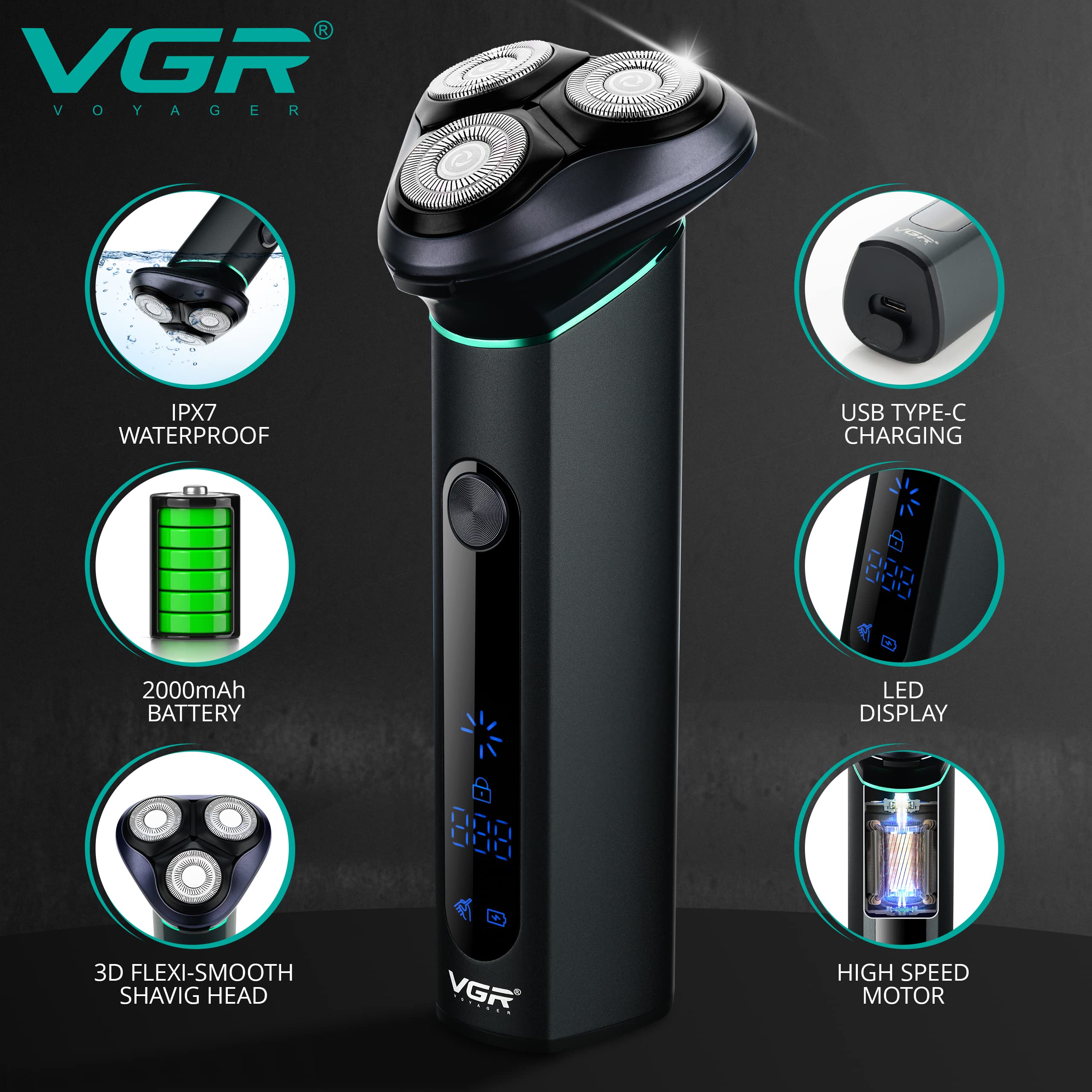 VGR Elektrischer Rotationsrasierer für Herren, IPX7 wasserdicht, kabellos, wiederaufladbar über USB-C-Rasierer, 200 Minuten Akku, Reiseschloss, Herrenrasiermaschine für Bart, Gesicht, Haare, Hals