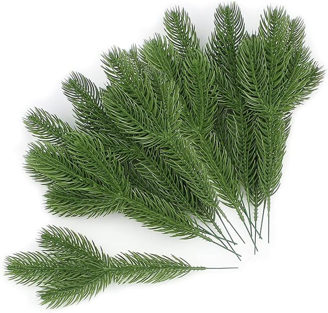 YUNSTK Artificial Pine Branches Green Leaves Needle, Faux Fir Tree Branches Christmas Foliage, Xmas Tree Sprigs Pine Picks, Fake Pine Leaves Wreath Garland Making Supplies Greenery Decoration