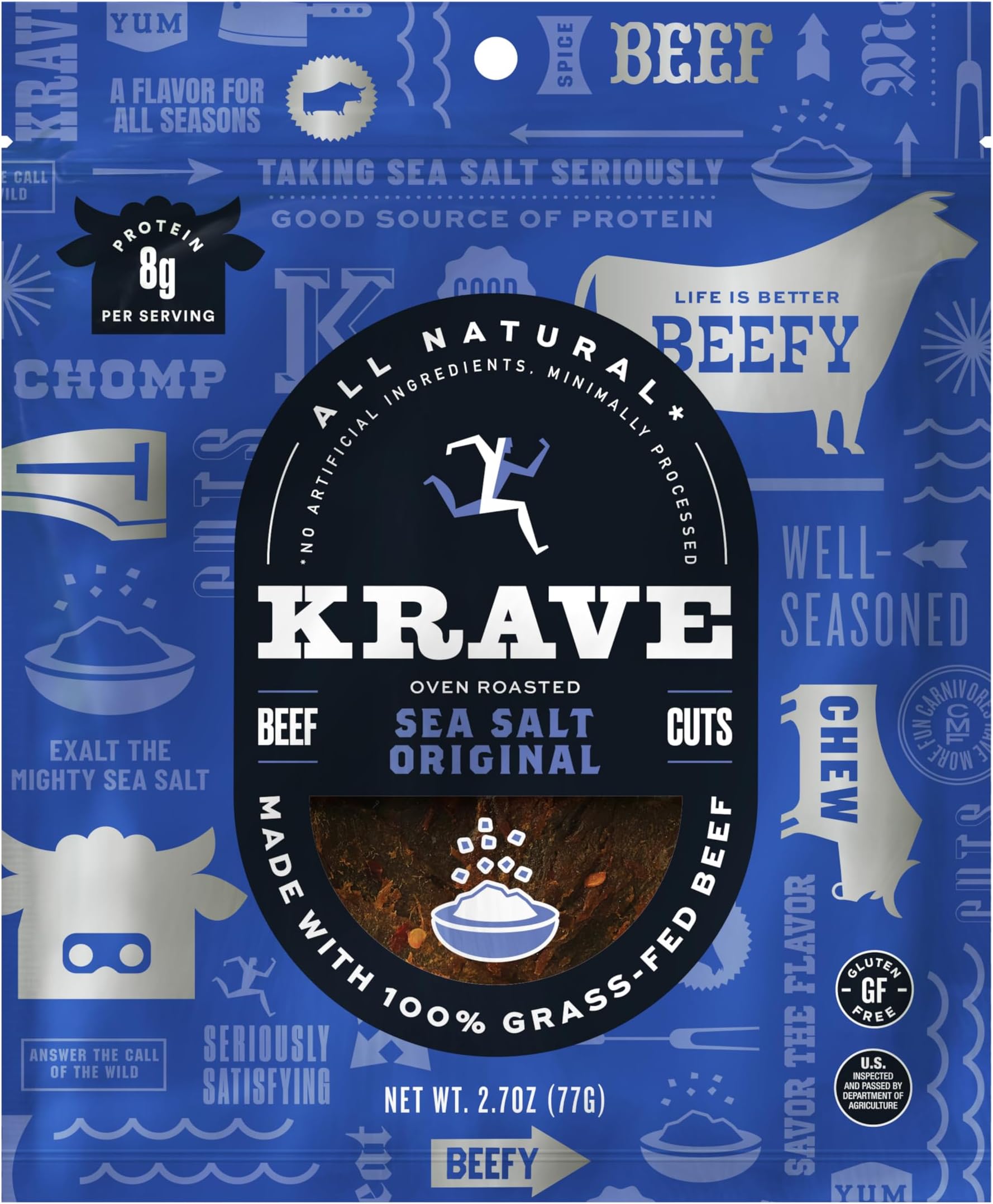 KRAVE All Natural Beef Jerky, Sea Salt - Protein Packed Snacks Roasted for Maximum Flavor - 100% Grass Fed Beef - Gluten Free - 2.7 Ounce