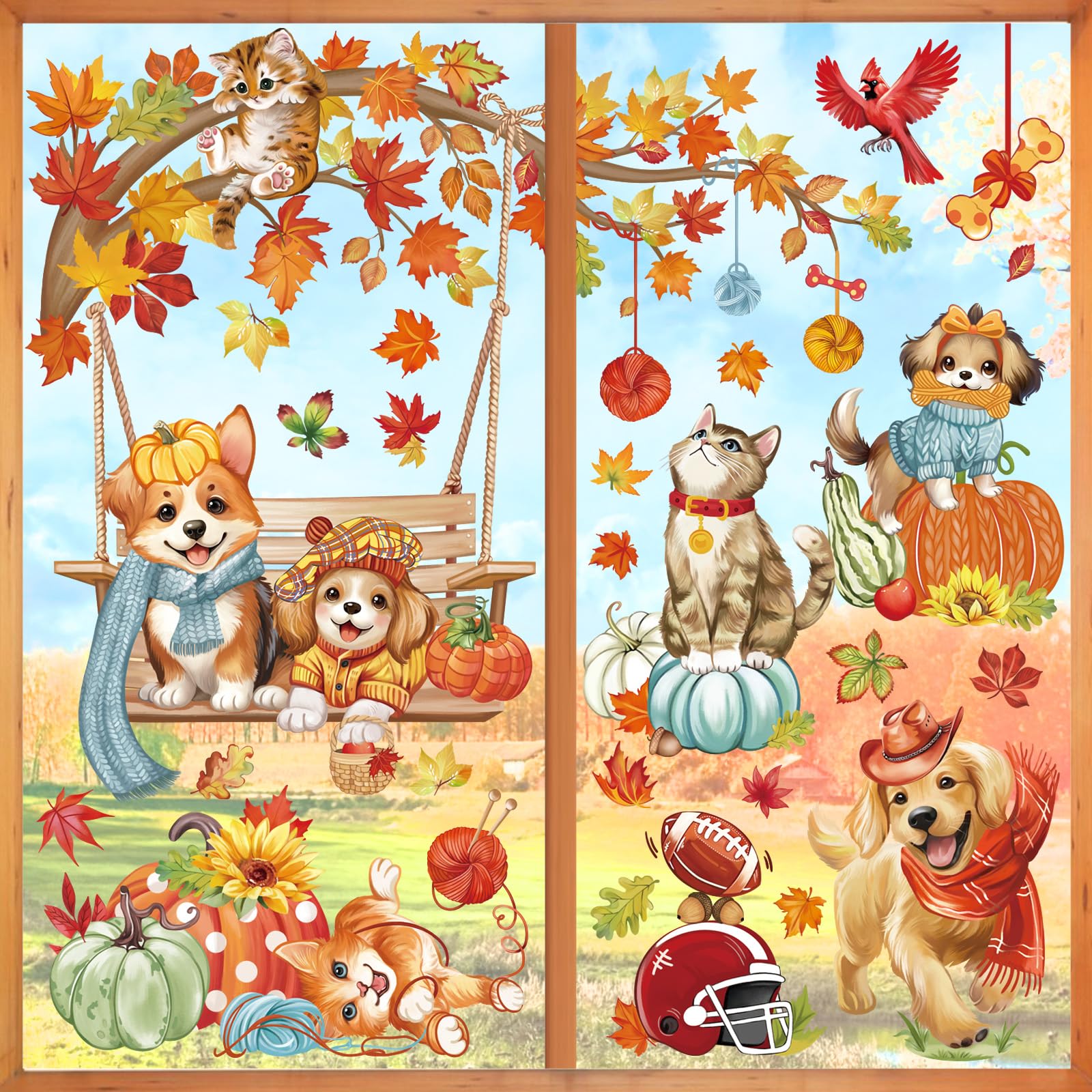 wondever Fall Animals Pets Window Clings Autumn Tree Branch Dogs Cat Swing Glass Sticker Decal Anti Collision Double-Side Static Window Stickers for Home Glass Window