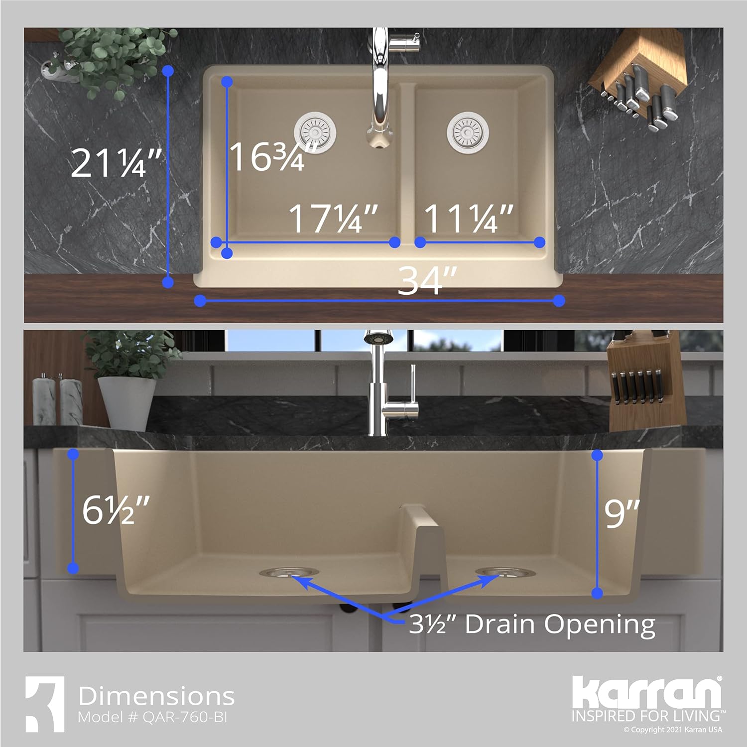 Karran Retrofit Farmhouse/Apron-Front Quartz Composite 34 in. Double Offset Bowl Kitchen Sink in Bisque