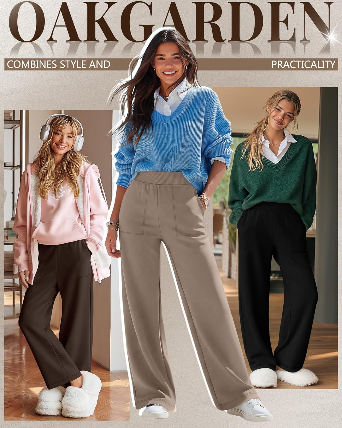 3 Pack Women's Wide Leg Lounge Pants Baggy High Waisted Yoga Joggers Cozy Sweatpants with 4 Pockets - Image 2