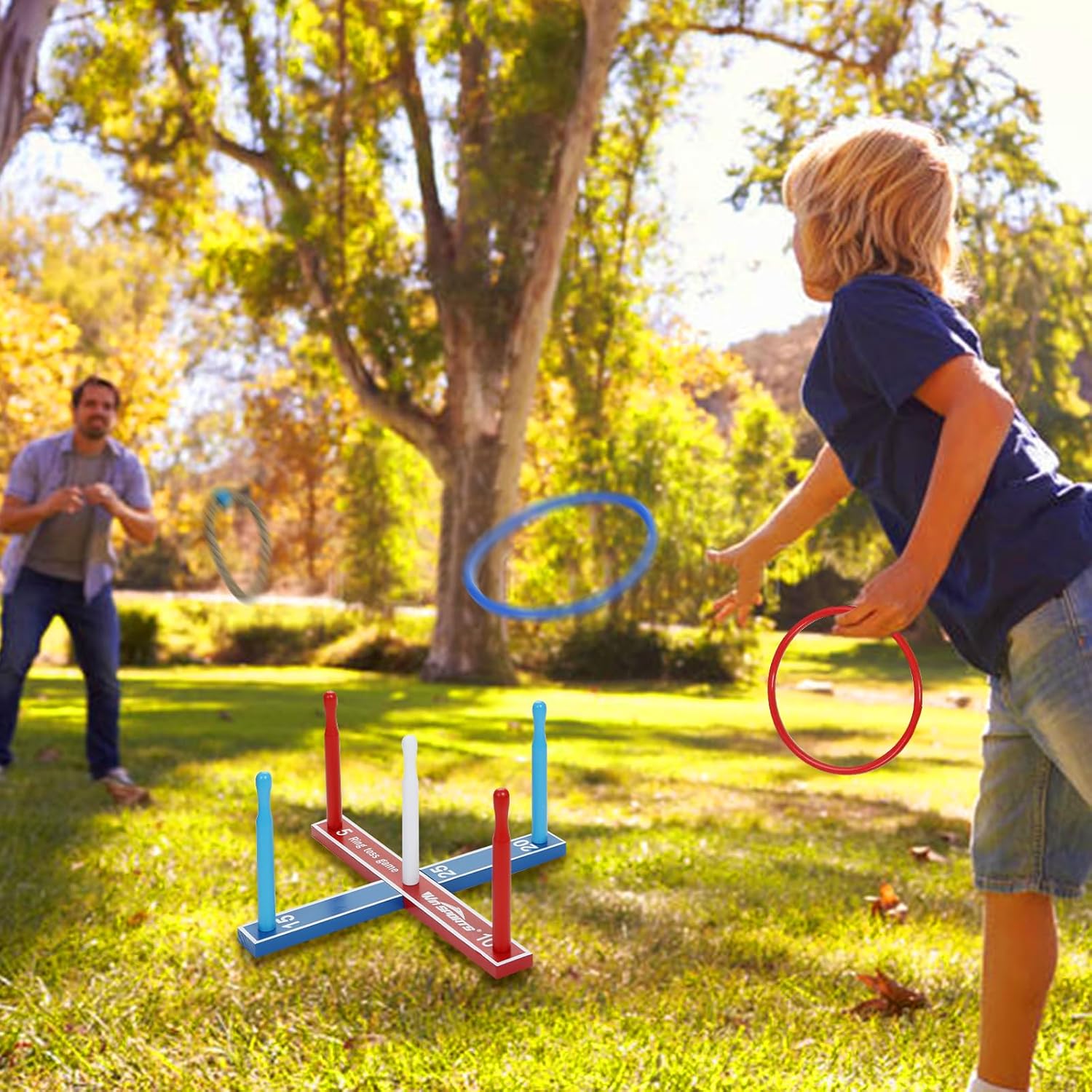 Win SPORTS Wooden Throwing Ring Toss Game Set,Fun Indoor Outdoor Carnival Games Set for Kids & Adults, Includes 16 Rings (8 Rope Rings, 8 Plastic Rings)