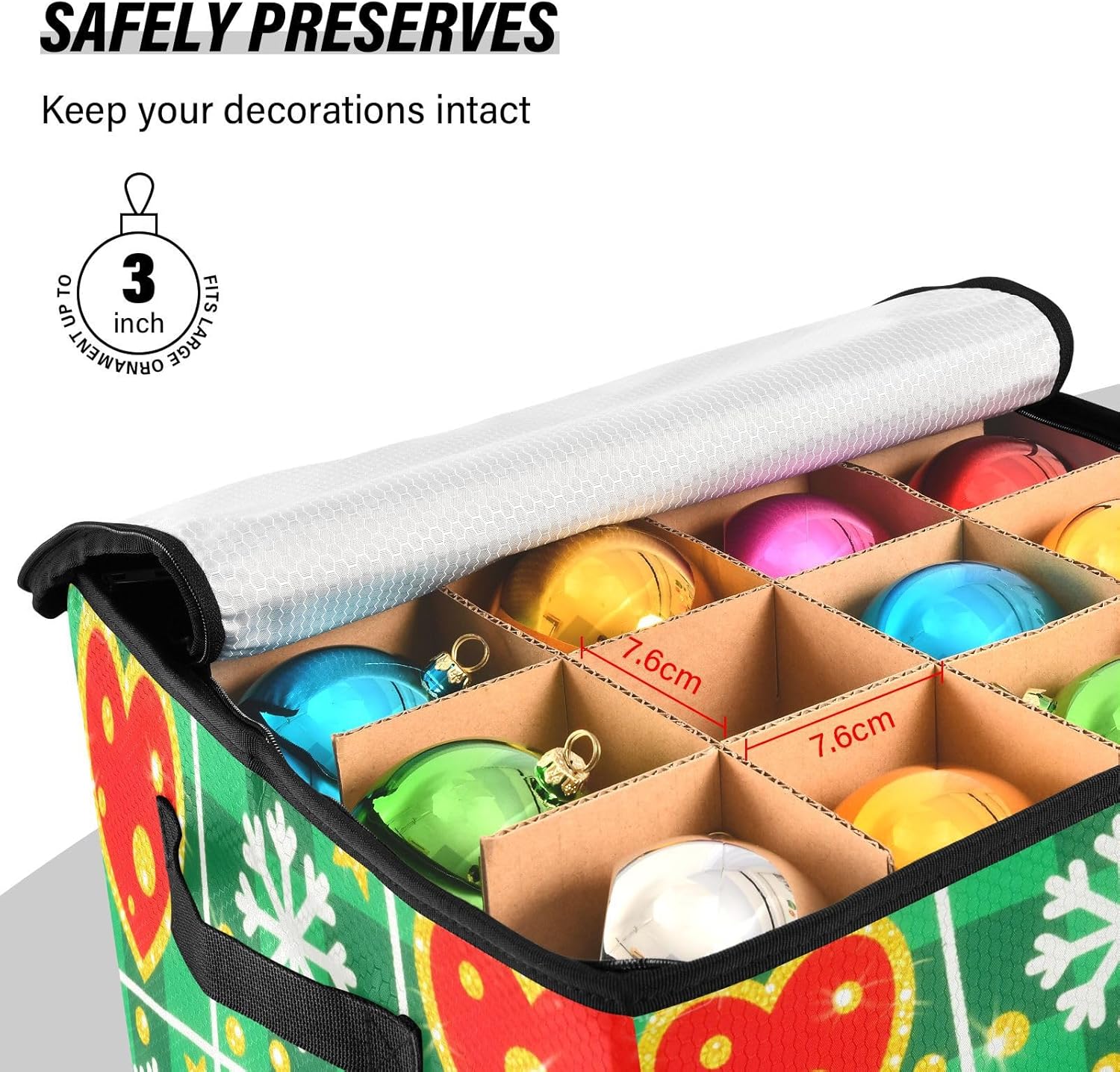 High Capacity Christmas ornament storage bag Holds Up to 64, Adjustable Dividers Large Holiday Storage Case with Lid,Green Red Christmas Hearts